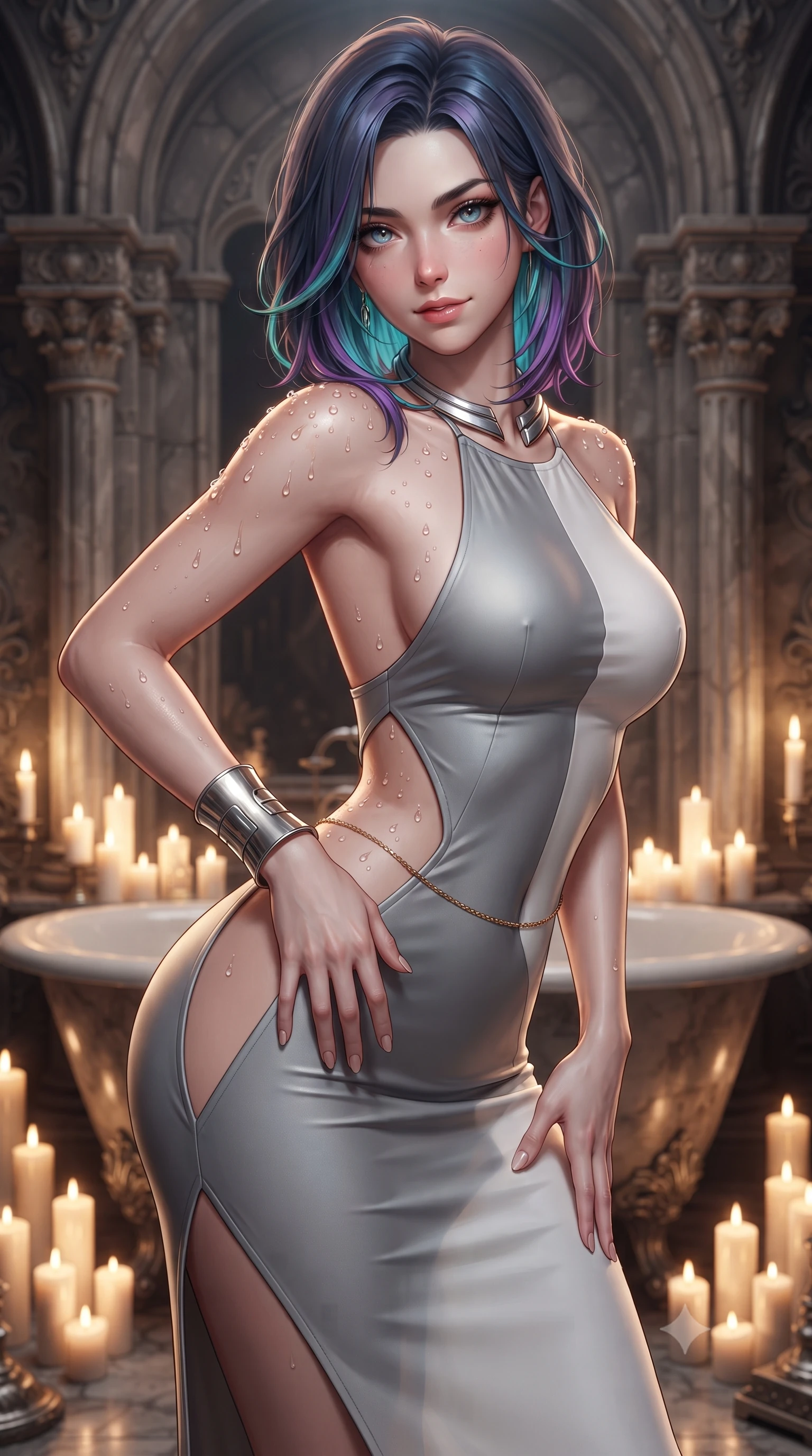 score_9, masterpiece, best quality, ultra-detailed, high-budget anime keyframe, editorial fashion photography, tasteful artistic composition, Caucasian woman. close-up cowboy shot from the waist and thighs up, the character dominates the composition, filling the frame with her large presence. leaning forward while arching her lower back to accentuate her curvy hips, looking into the camera with an intoxicating smoldering gaze and bedroom-eyes while twisting her slender torso in an alluring S-curve, aromatic rosewater droplets beading across her sculpted bare shoulders and flat midriff. The surrounding environment is rendered in vivid detail and crisp panoramic clarity: detailed wet-look satin slip cling, delicate gold waist chain shine, and bespoke gothic bathroom craftsmanship in high resolution. She has an exceptionally elegant, slender, and willowy female figure with an ultra-slim waist, flat toned midriff, narrow ribcage, and sculpted feminine hips creating an alluring, slim hourglass silhouette without bulk. sharp v-shaped jawline, high-bridge nose, sparkling eyes with hypnotic seductive depth, thick curled eyelashes, glossy parted lips with a natural dewy peach sheen, alluring bedroom-eyes with an enchanting coquettish smile, exuding magnetic siren charisma and sophisticated glamour, flawlessly proportioned anatomical accuracy, strict slender model proportions, natural body alignment, perfectly sculpted long slender limbs, ultra-slim waistline, clean dynamic posture without body distortion. wearing a slinky backless halterneck column mini dress clinging like a second skin with deep geometric side slits in architectural titanium grey and pure milk white, crafted from smooth liquid-tight stretch jersey emphasizing every curve of her body, finished with a sculptural silver torque collar and a matching wide architectural wrist cuff, the high-slit wrap tailoring accentuating her ultra-slim waistline and the enchanting curve of her feminine hips with alluring seductive charm. bathed in the warm flickering glow of dozens of pillar candles surrounding the tub. ultra-reflective glossy finish, specular highlights, rich textural contrasts, high-contrast stereoscopic depth, volumetric dynamic lighting, 2k, ultra detail, master piece, 9:16 ratio