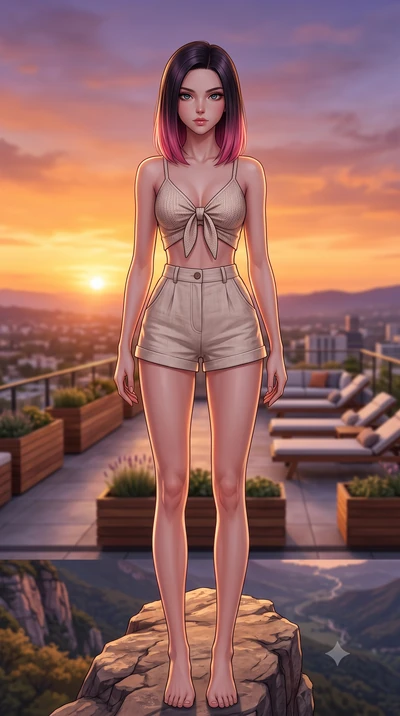 score_9, masterpiece, best quality, ultra-detailed, high-budget anime keyframe, editorial fashion photography, tasteful artistic composition, Korean woman woman. low angle full-body shot from head to toe showing her feet, filling the entire 9:16 vert