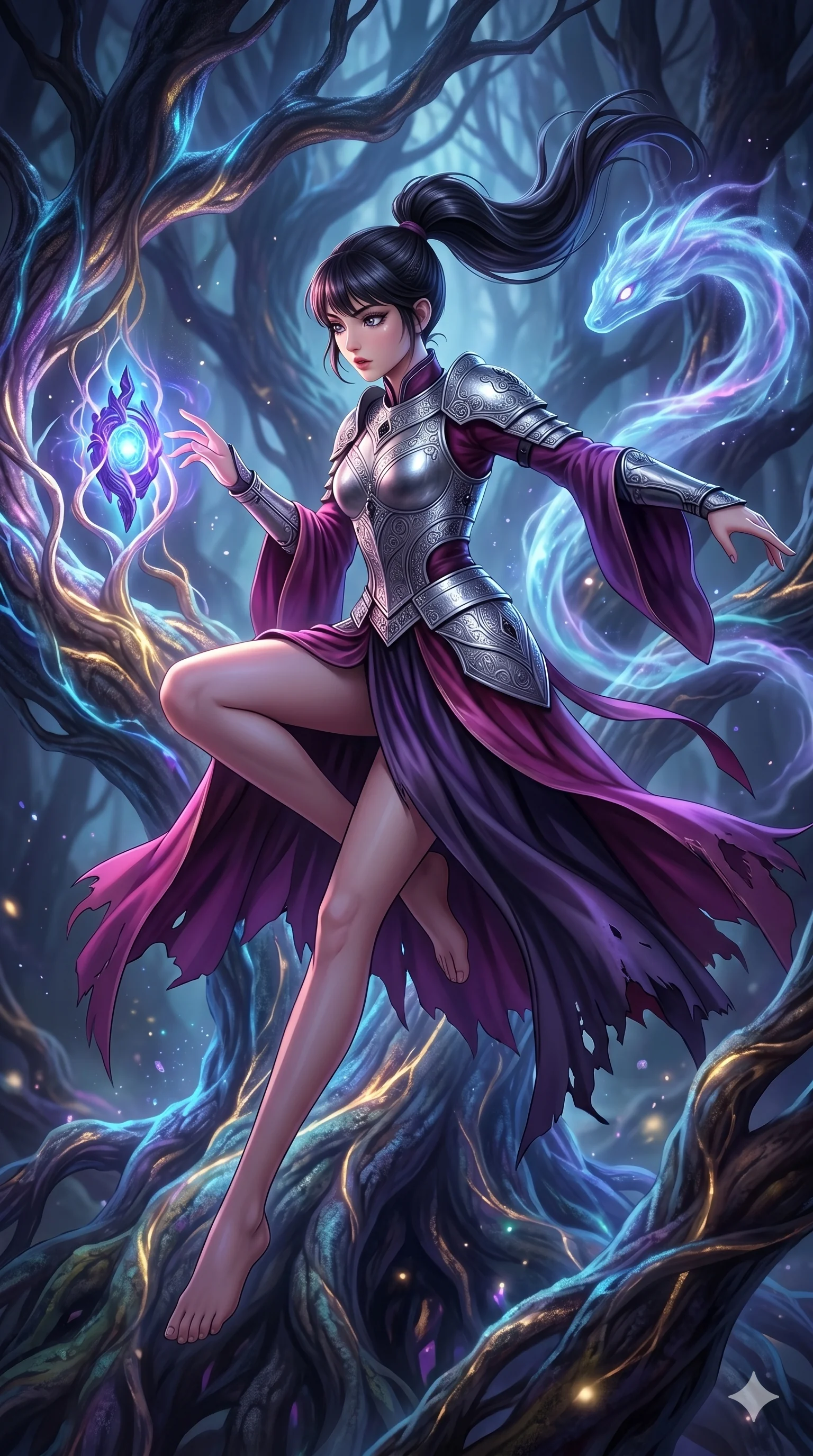 photorealistic 8k CG, hyper-detailed textures, ray-tracing, Japanese woman. Mid-air action shot capturing a graceful twist and vertical silhouette. interacting with a glowing artifact in a mystical tree as a serpentine spirit watches. sharp v-shaped jawline, high-bridge nose, intricate jewel-like eyes, thick eyelashes, serene expression. Wearing Dark Fantasy: Gothic silk layered gown, bell-sleeved sorceress robes, and engraved silver plate armor over silk. The scene is illuminated by dramatic atmospheric lighting and vibrant color palettes., 2k, ultra detail, master piece, 9:16 ratio