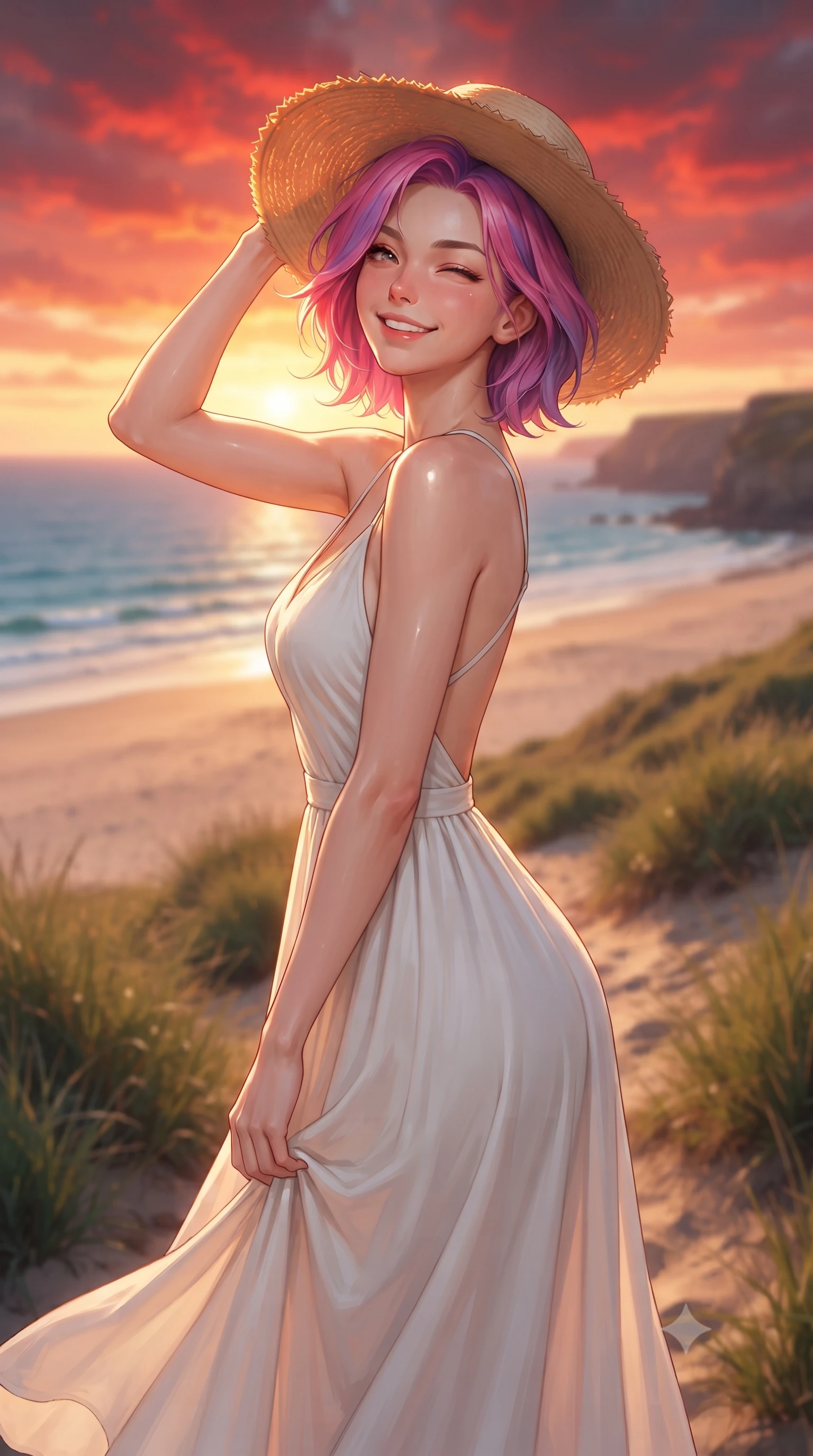 score_9, masterpiece, best quality, ultra-detailed, high-budget anime keyframe, editorial fashion photography, tasteful artistic composition, Caucasian woman. close-up cowboy shot from the waist and thighs up, the character dominates the composition, filling the frame with her large presence, background elements kept in soft focus. smiling happily with closed eyes, enjoying the warm sunbeams on her face set against a soft-focus background of on a grassy dune path overlooking a wide sandy beach and blue water holding a wide-brimmed straw hat to her head with a playful wink. She has an exceptionally elegant, slender, and willowy female figure with an ultra-slim waist, a gracefully sculpted slender torso, and a refined silhouette. sharp v-shaped jawline, high-bridge nose, intricate jewel-like eyes with depth, thick eyelashes, glossy lips with a natural sheen. wearing body-hugging backless cotton sundress in white, featuring delicate straps and a long flowing skirt. the dramatic red and orange sunset sky casting a majestic rim light on her. ultra-reflective glossy finish, specular highlights, metallic sheen, high-contrast stereoscopic depth, volumetric dynamic lighting, 2k, ultra detail, master piece, 9:16 ratio