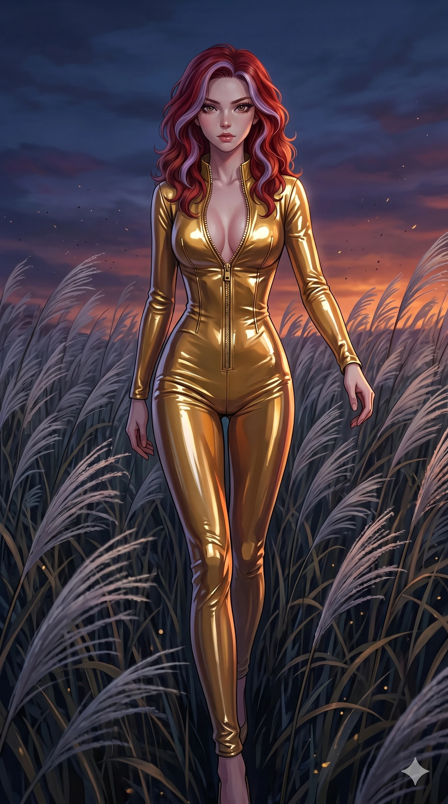 score_9, masterpiece, best quality, ultra-detailed, High-budget Anime Keyframe, East Asian woman. Dynamic full-body shot stretching the vertical silhouette to the limit. Scenario 118: Walking through a field of tall silver grass at twilight. Her presence is magnetic and overpowering in this high-budget anime scene. Outfit 118: A patent leather gold with a unzipped detail and tight-fitting silhouette. The clothing is designed to emphasize her exceptionally tall and slender 8-heads proportion. 8-heads proportion, towering silhouette, ultra-slim waist. sharp v-shaped jawline, intricate jewel-like eyes with depth, thick eyelashes, glossy lips. 2k, ultra detail, master piece, 9:16 ratio