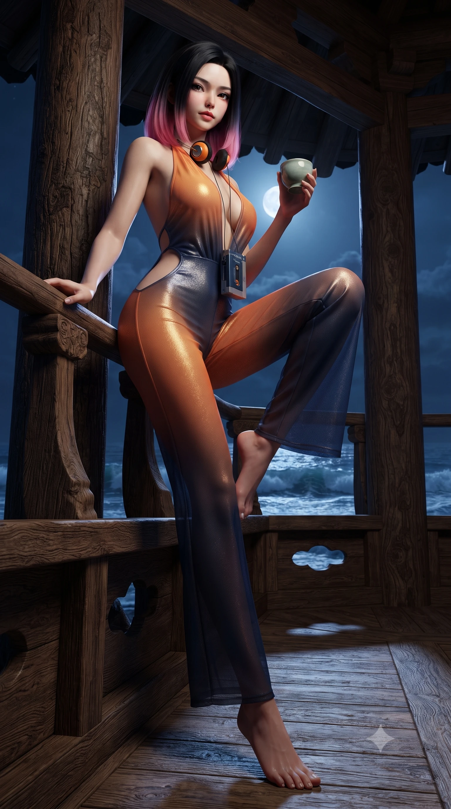 score_9, masterpiece, best quality, ultra-detailed, high-budget anime keyframe, editorial fashion photography, tasteful artistic composition, Korean woman. low angle full-body shot from head to toe showing her feet, filling the entire 9:16 vertical frame with her statuesque presence, stretching her vertical silhouette. leaning deep against the balcony balustrade with hips cocked back in an unapologetically alluring high-fashion stance, casting an intoxicating glance while lounging on the wooden pavilion floor with one leg drawn up, holding a celadon wine cup with an intoxicating, teasing smile. The surrounding environment is rendered in vivid detail and crisp panoramic clarity: sharp pine bark textures, wooden pillar grain, and crashing wave crest clarity in deep focus. She has an absolutely perfect, statuesque 8.5-heads proportion, an exceptionally tall and slender model-like female figure with impossibly long slender legs, an ultra-slim waist, a flat toned midriff, narrow delicate ribcage, and beautifully sculpted feminine hips creating a graceful, slim hourglass silhouette without any bulky heaviness. sharp v-shaped jawline, high-bridge nose, sparkling eyes with hypnotic seductive depth, thick curled eyelashes, glossy parted lips with a natural dewy peach sheen, alluring bedroom-eyes with an enchanting coquettish smile, exuding magnetic siren charisma and sophisticated glamour, flawlessly proportioned anatomical accuracy, strict slender model proportions, natural body alignment, perfectly sculpted long slender limbs, ultra-slim waistline, clean dynamic posture without body distortion. wearing a liquid metallic lamé plunge halterneck jumpsuit clinging like a second skin with high-cut side hip cutouts in sunset tangerine orange and deep navy indigo, made of delicate semi-sheer Korean gossamer organza with subtle pearlescent glints, complemented by a retro cassette walkman with vintage foam-padded orange headphones, the precision-cut side openings and low-back scoop framing her graceful spine and the sensual sweep of her slim, toned hips. bathed in brilliant horizontal moonlight sweeping across the ocean surface. ultra-reflective glossy finish, specular highlights, rich textural contrasts, high-contrast stereoscopic depth, volumetric dynamic lighting, 2k, ultra detail, master piece, 9:16 ratio