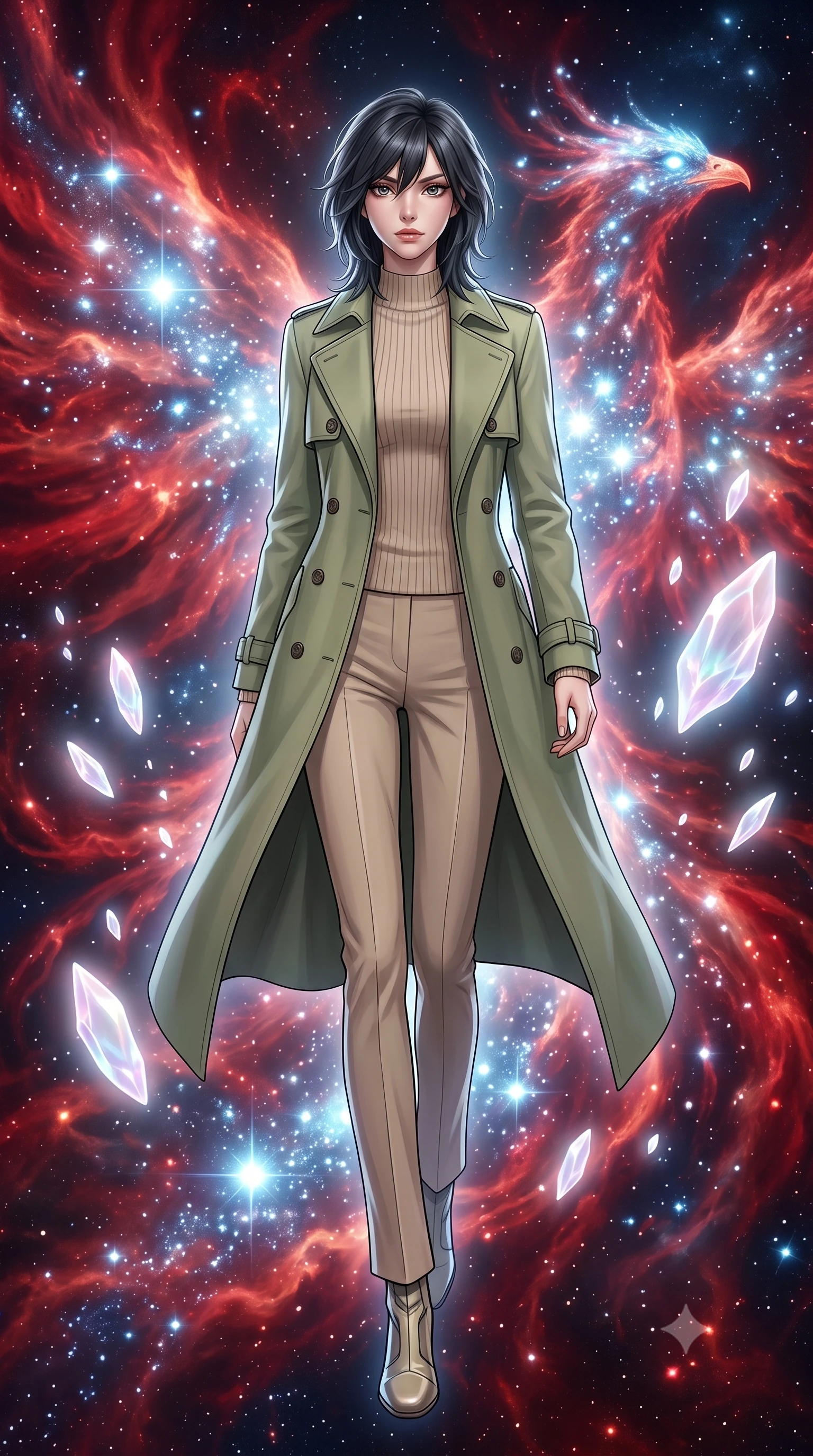 score_9, masterpiece, best quality, ultra-detailed, high-budget anime keyframe, editorial fashion photography, tasteful artistic composition, Caucasian woman, strictly human ears. low angle full-body shot from head to toe showing her feet, filling the entire 9:16 vertical frame with her statuesque presence, stretching her vertical silhouette. striding with confident determination through inside a spectacular nebula naturally shaped like a cosmic phoenix where dying red giant stars shed their outer layers in explosive color birthing brilliant new blue-white stars in cascading chain reactions. She has a statuesque 8.5-heads proportion, an exceptionally tall, slender and willowy model-like build with impossibly long legs and a highly sculpted ultra-slim waist. sharp v-shaped jawline, high-bridge nose, intricate jewel-like eyes with depth, thick eyelashes, glossy lips with a natural sheen. wearing a structured double-breasted trench in soft olive green over a beige ribbed knit mock-neck top and trousers. ethereal pearlescent light emanating from floating crystalline formations all around. 2k, ultra detail, master piece, 9:16 ratio