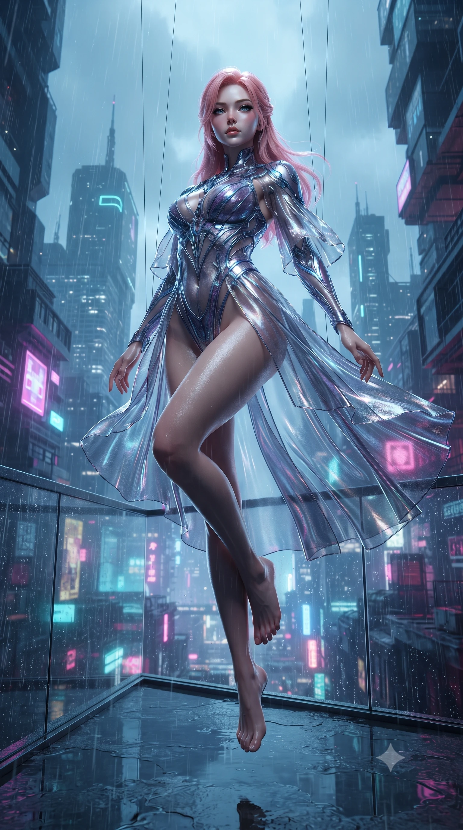 score_9, masterpiece, best quality, ultra-detailed, High-budget Anime Keyframe, editorial fashion photography, tasteful artistic composition, realistic cosplay photography, East Asian woman. Low angle cowboy shot filling the entire 9:16 frame with her statuesque presence. Scenario 358: suspended by invisible silk threads inside a minimalist glass balcony overlooking a rainy cyberpunk megacity. Her presence is magnetic and overpowering in this high-budget cinematic scene. Outfit 358: a slim-fit shimmering chiffon dangerous with a high-cut leg line and translucent layers. The clothing is designed to emphasize her exceptionally tall and slender 8-heads proportion. 8-heads proportion, towering silhouette, ultra-slim waist. sharp v-shaped jawline, intricate jewel-like eyes with depth, thick eyelashes, glossy lips. ultra-reflective glossy finish, specular highlights, metallic sheen, high-contrast stereoscopic depth, volumetric dynamic lighting, 2k, ultra detail, master piece, 9:16 ratio