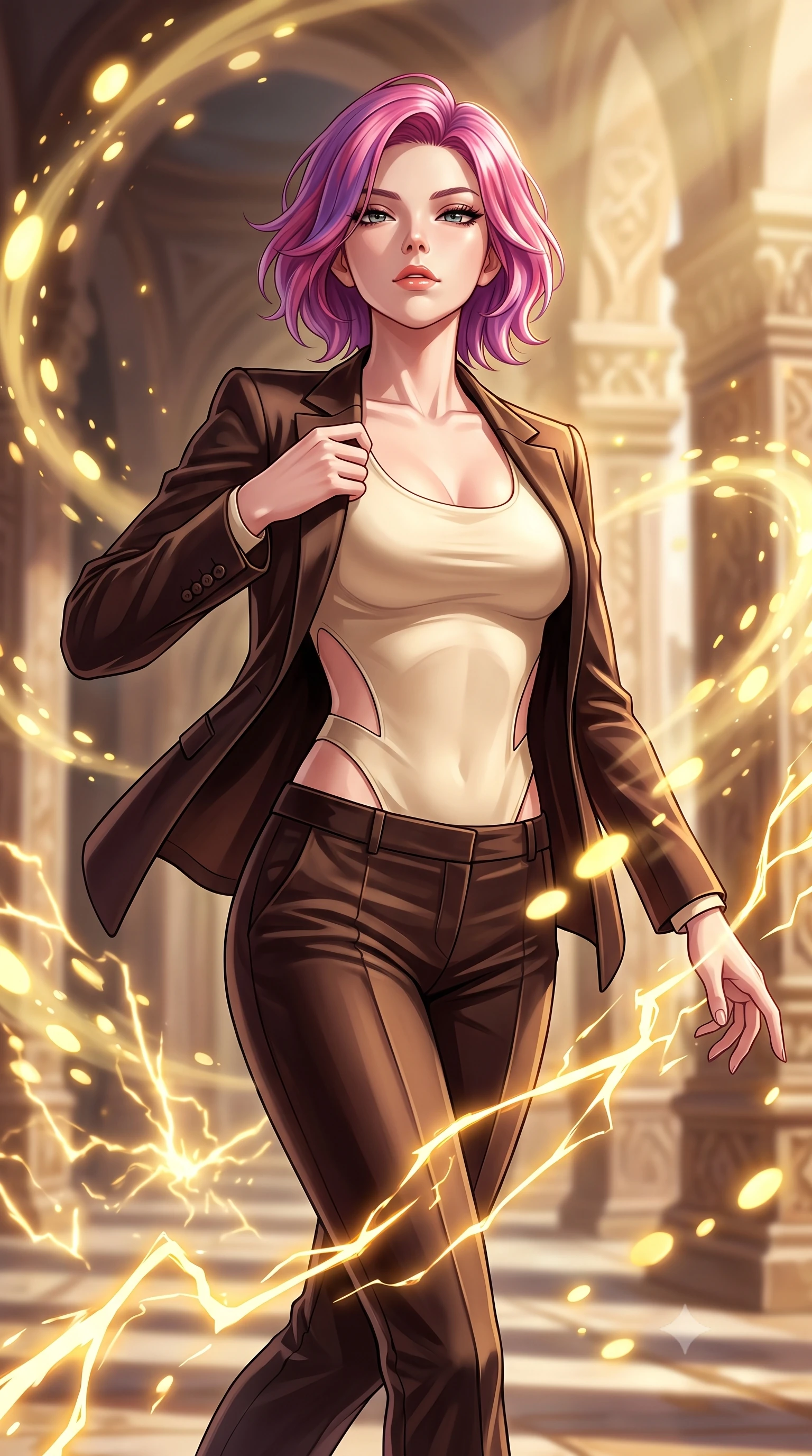 score_9, masterpiece, best quality, ultra-detailed, high-budget anime keyframe, editorial fashion photography, tasteful artistic composition, Caucasian woman. close-up cowboy shot from the waist and thighs up, the character dominates the composition, filling the frame with her large presence, background elements kept in soft focus. Tilting her chin up with an air of effortless superiority while balancing dynamically amidst the scene while forging dynamically through an architectural sun temple as golden energy arcs erupt nearby, glowing solar pollen particles drifting in rapid swirling currents nearby. She has an exceptionally elegant, slender, and willowy female figure with an ultra-slim waist, a gracefully sculpted slender torso, and a refined silhouette. sharp v-shaped jawline, high-bridge nose, intricate jewel-like eyes with depth, thick eyelashes, glossy lips with a natural sheen, flawlessly proportioned anatomical accuracy, natural body alignment, perfectly sculpted elegant limbs, clean dynamic posture without body distortion. wearing a tailored silk blazer over a form-contouring scoop-neck top and slacks in espresso brown and warm cream, made of premium stretch velvet with a rich sheen, featuring clean architectural cutouts along her slender torso, the form-contouring material highlighting her ultra-slim waist and long lines. illuminated by a majestic golden key light casting sharp dynamic shadow grids. highly saturated vibrant anime colors, detailed shading with soft gradients, rich glossy textures, high-contrast stereoscopic depth, volumetric dynamic lighting, master piece, 9:16 ratio