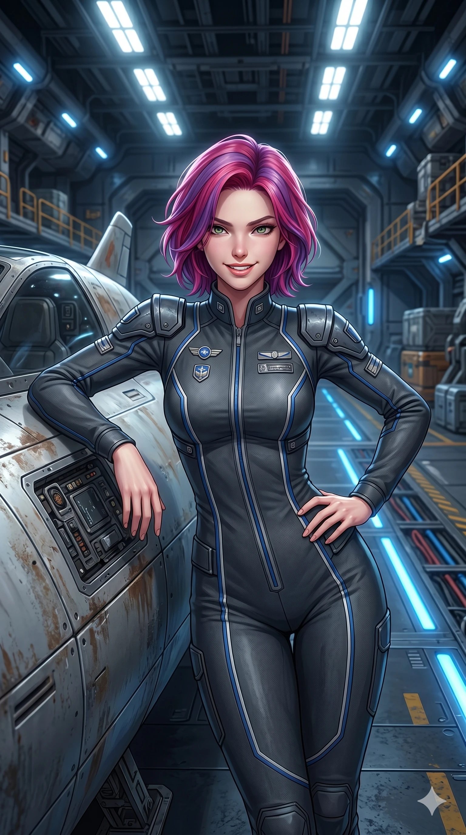 score_9, masterpiece, best quality, ultra-detailed, high-budget anime keyframe, semi-realistic 3D game render, Caucasian woman, strictly human ears. Upper body close-up from the thighs up, character filling the screen for maximum presence. Inside a spacecraft docking bay, next to a small shuttle, leaning against the ship's hull, looking at the camera with a confident grin. She is wearing a tailored flight jumpsuit with silver badges and structured shoulder panels. The scene is illuminated by the bright white hangar lights and blue landing strip guides. 2k, ultra detail, master piece, 9:16 ratio
