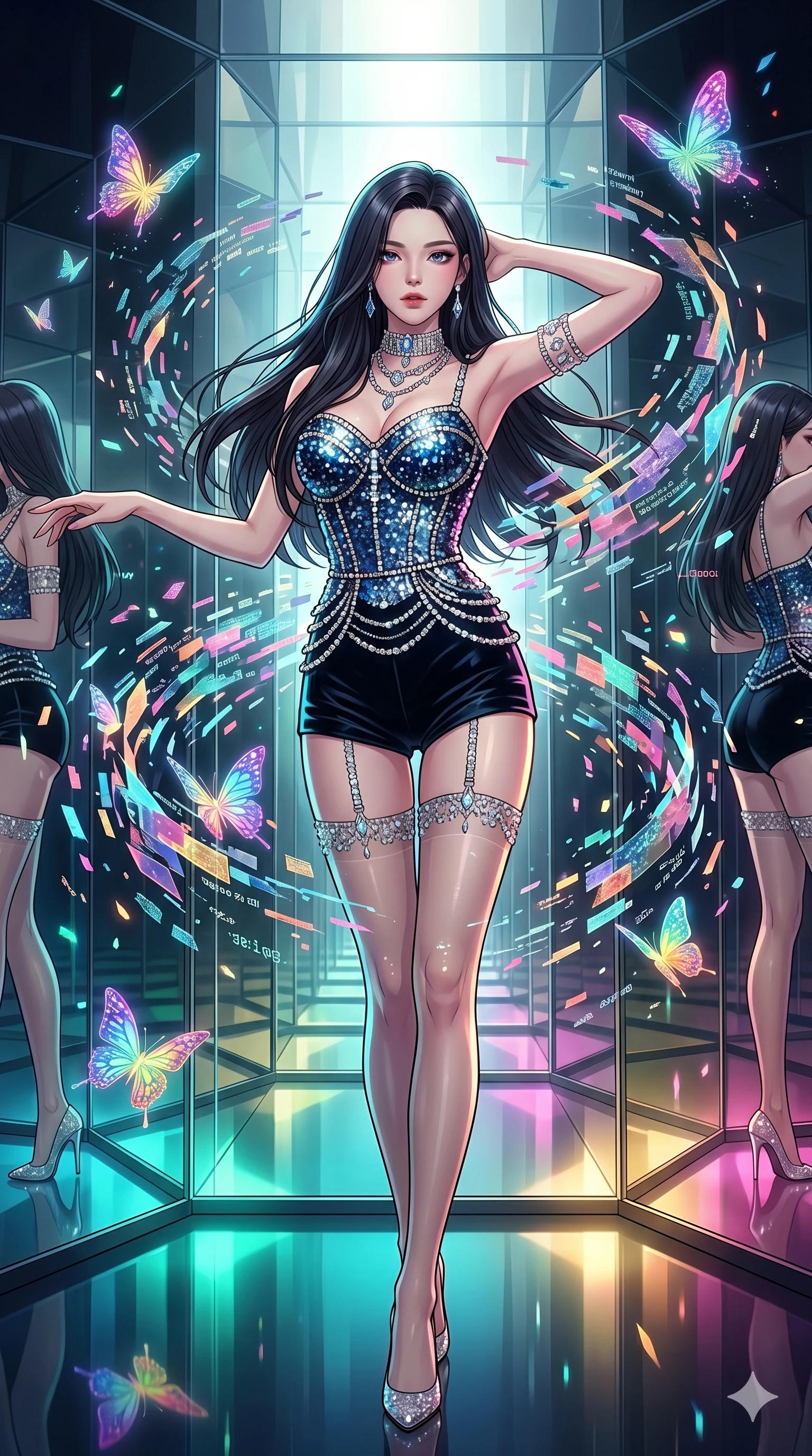 score_9, masterpiece, best quality, ultra-detailed, high-budget anime movie keyframe, cinematic anime lighting, intricate line art, Korean woman. Medium shot of upper body capturing the intricate details of her high-fashion attire. dancing with data-shards in a infinite mirror maze surrounded by glowing butterflies. She has an absolutely perfect 8-heads proportion, an exceptionally tall and slender female figure with an ultra-slim waist and impossibly long slender legs. sharp v-shaped jawline, high-bridge nose, intricate jewel-like eyes, thick eyelashes, glossy lips. Wearing luxurious K-pop idol stage outfit featuring a sparkling sequined corset, high-cut velvet shorts, and sheer silk stockings with garter belts, accessorized with crystal chokers. The scene is illuminated by dramatic atmospheric lighting and vibrant color palettes. , 2k, ultra detail, master piece, 9:16 ratio