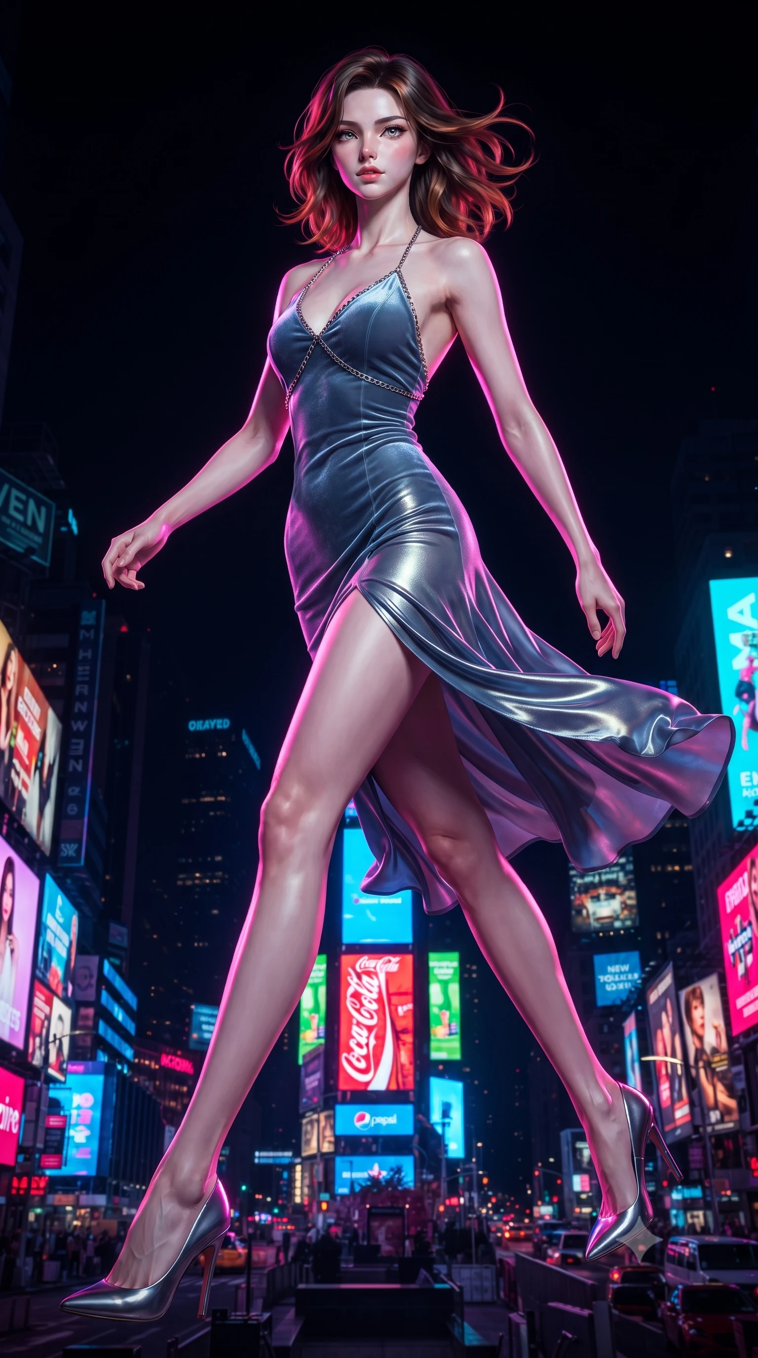 score_9, masterpiece, best quality, ultra-detailed, high-budget anime keyframe, editorial fashion photography, tasteful artistic composition, Korean woman. low angle full-body shot from head to toe showing her feet, filling the entire 9:16 vertical frame with her statuesque presence, stretching her vertical silhouette. forging dynamically through the scene with her long slender legs and ultra-slim waist creating a sweeping S-curve while turning in a dynamic mid-air stride with neon city billboards glowing below, fluttering lightweight attire catching the high-altitude urban wind. She has an absolutely perfect, statuesque 8.5-heads proportion, an exceptionally tall and slender model-like female figure with impossibly long slender legs and an ultra-slim waist. sharp v-shaped jawline, high-bridge nose, intricate jewel-like eyes with depth, thick eyelashes, glossy lips with a natural sheen, flawlessly proportioned anatomical accuracy, natural body alignment, perfectly sculpted elegant limbs, clean dynamic posture without body distortion. wearing a velvet halter-neck midi dress following her form like a glove in slate blue and metallic silver, crafted from iridescent chiffon that shifts colors in the light, adorned with delicate metallic chain straps along the neckline, the elegant draped fit framing her graceful clavicle and slender torso. drenched in intense neon magenta and cyan rim light with dark urban contrast. ultra-reflective glossy finish, specular highlights, metallic sheen, high-contrast stereoscopic depth, volumetric dynamic lighting, 2k, ultra detail, master piece, 9:16 ratio