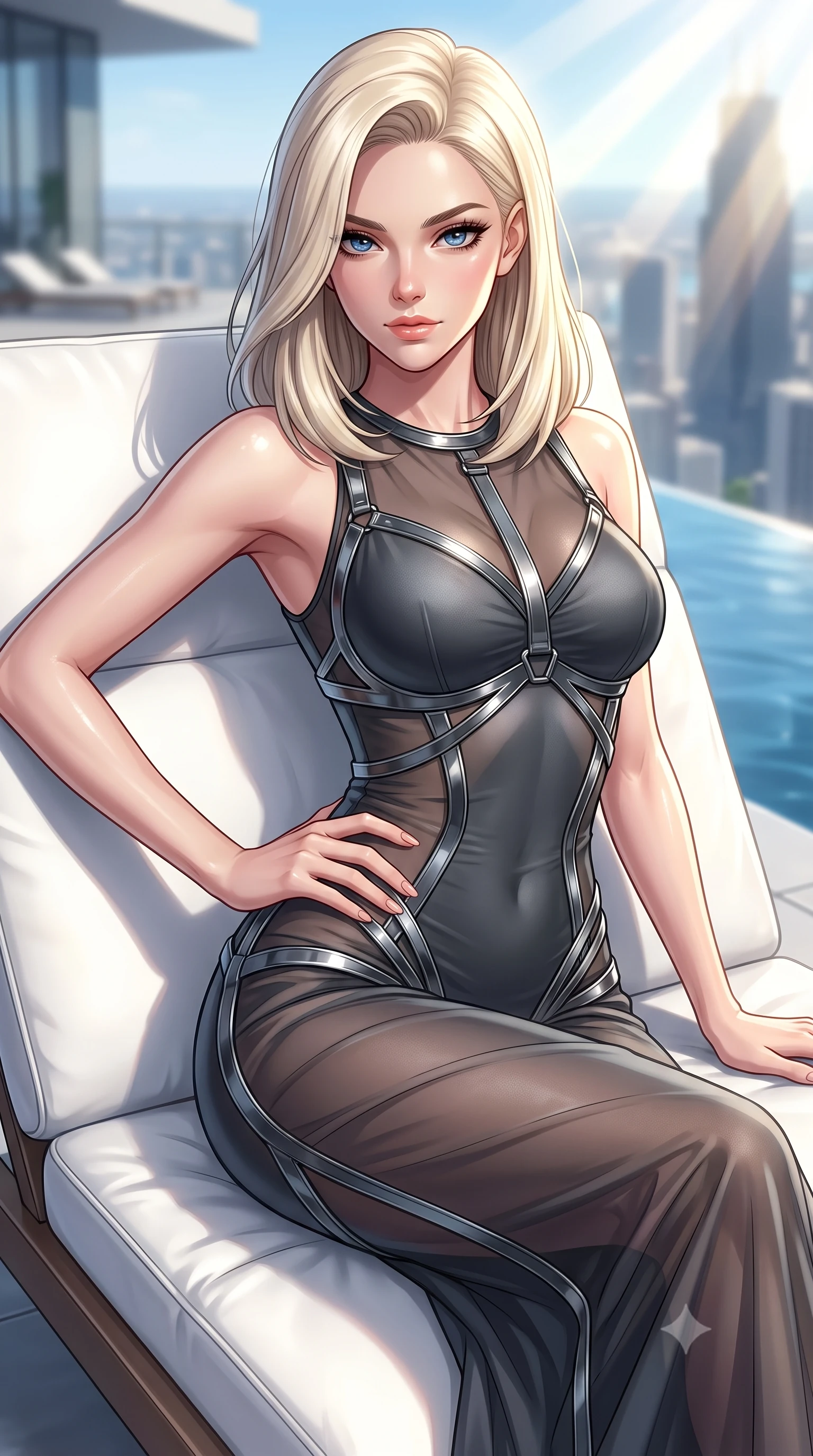 score_9, masterpiece, best quality, ultra-detailed, high-budget anime keyframe, editorial fashion photography, tasteful artistic composition, Caucasian woman. close-up cowboy shot from the waist and thighs up, the character dominates the composition, filling the frame with her large presence, background elements kept in soft focus. Holding a confident power pose with one hand on her hip, lounging on a white leather sunbed on a high-floor penthouse terrace at midday, dewy natural skin finish with glossy lips and thick dark lashes. She has an exceptionally elegant, slender, and willowy female figure with an ultra-slim waist, a gracefully sculpted slender torso, and a refined silhouette. sharp v-shaped jawline, high-bridge nose, intricate jewel-like eyes with depth, thick eyelashes, glossy lips with a natural sheen. wearing fitted liquid mercury jersey maxi dress hugging every curve in dark charcoal gray, made of sheer dark organza overlay, highlighted by a gunmetal metallic harness structure, contouring every curve with an exceptionally elegant silhouette. lit by intense midday key rays highlighting her statuesque form. highly saturated vibrant anime colors, detailed shading with soft gradients, rich glossy textures, high-contrast stereoscopic depth, volumetric dynamic lighting, master piece, 9:16 ratio