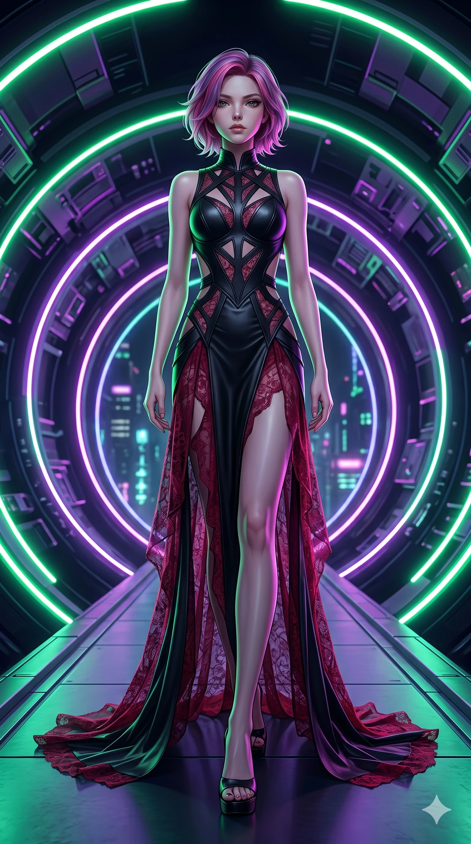 score_9, masterpiece, best quality, ultra-detailed, high-budget anime keyframe, editorial fashion photography, tasteful artistic composition, Caucasian woman, strictly human ears. low angle full-body shot from head to toe showing her feet, filling the entire 9:16 vertical frame with her statuesque presence, stretching her vertical silhouette. Gliding across the floor with a smooth, effortless step, her garments trailing behind on a high-tech walkway passing through a tunnel of swirling neon light rings. She has an absolutely perfect 8-heads proportion, an exceptionally tall and slender female figure with impossibly long slender legs and an ultra-slim waist. V-shaped jawline, high-bridge nose, intricate jewel-like eyes with depth, thick eyelashes, glossy lips with a natural sheen. wearing a floor-length cyber-gothic gown combining matte black leather panels with semi-opaque crimson lace. under twin neon green and purple rim lights that trace her silhouette with intense color lines. 2k, ultra detail, master piece, 9:16 ratio