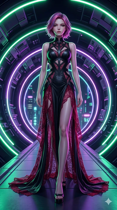 score_9, masterpiece, best quality, ultra-detailed, high-budget anime keyframe, editorial fashion photography, tasteful artistic composition, Caucasian woman, strictly human ears. low angle full-body shot from head to toe showing her feet, filling th