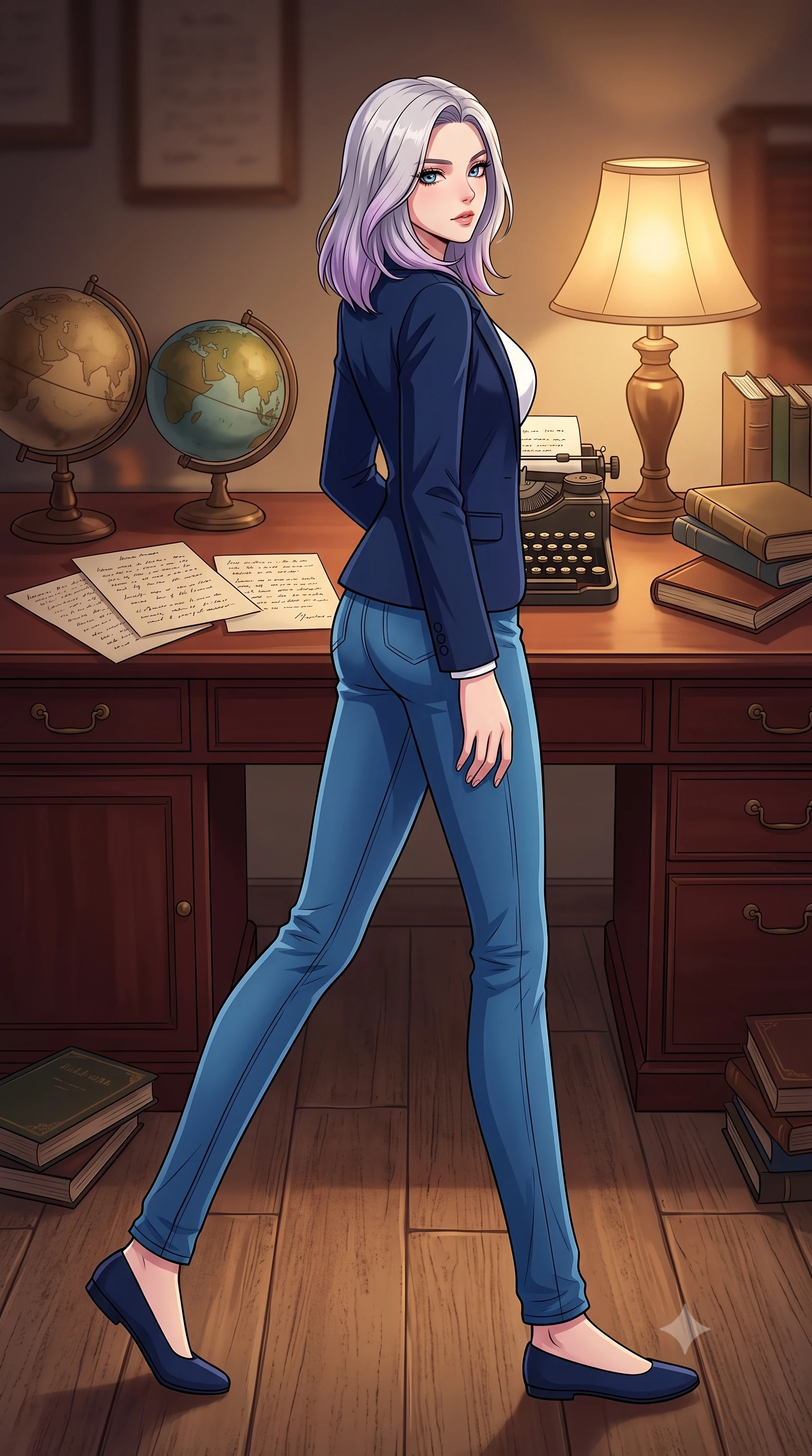 score_9, masterpiece, best quality, ultra-detailed, high-budget anime keyframe, tasteful artistic composition, Caucasian woman. low angle full-body shot from head to toe showing her feet, filling the entire 9:16 vertical frame with her statuesque presence, stretching her vertical silhouette. stepping gracefully while looking back over her shoulder, her dress draped tightly to reveal her silhouette the background shows a soft-focus a cozy personal study with vintage globes, typewriters, and handwritten manuscripts. She has an absolutely perfect, statuesque 8.5-heads proportion, an exceptionally tall and slender model-like female figure with impossibly long slender legs and an ultra-slim waist. sharp v-shaped jawline, high-bridge nose, intricate jewel-like eyes with depth, thick eyelashes, glossy lips with a natural sheen. wearing a body-hugging classic navy blue blazer over a white crewneck shirt and straight-leg blue jeans. warm table lamp light casting cozy, nostalgic shadows on the mahogany desk. highly saturated vibrant anime colors, cel-shading, 2d style, master piece, 9:16 ratio