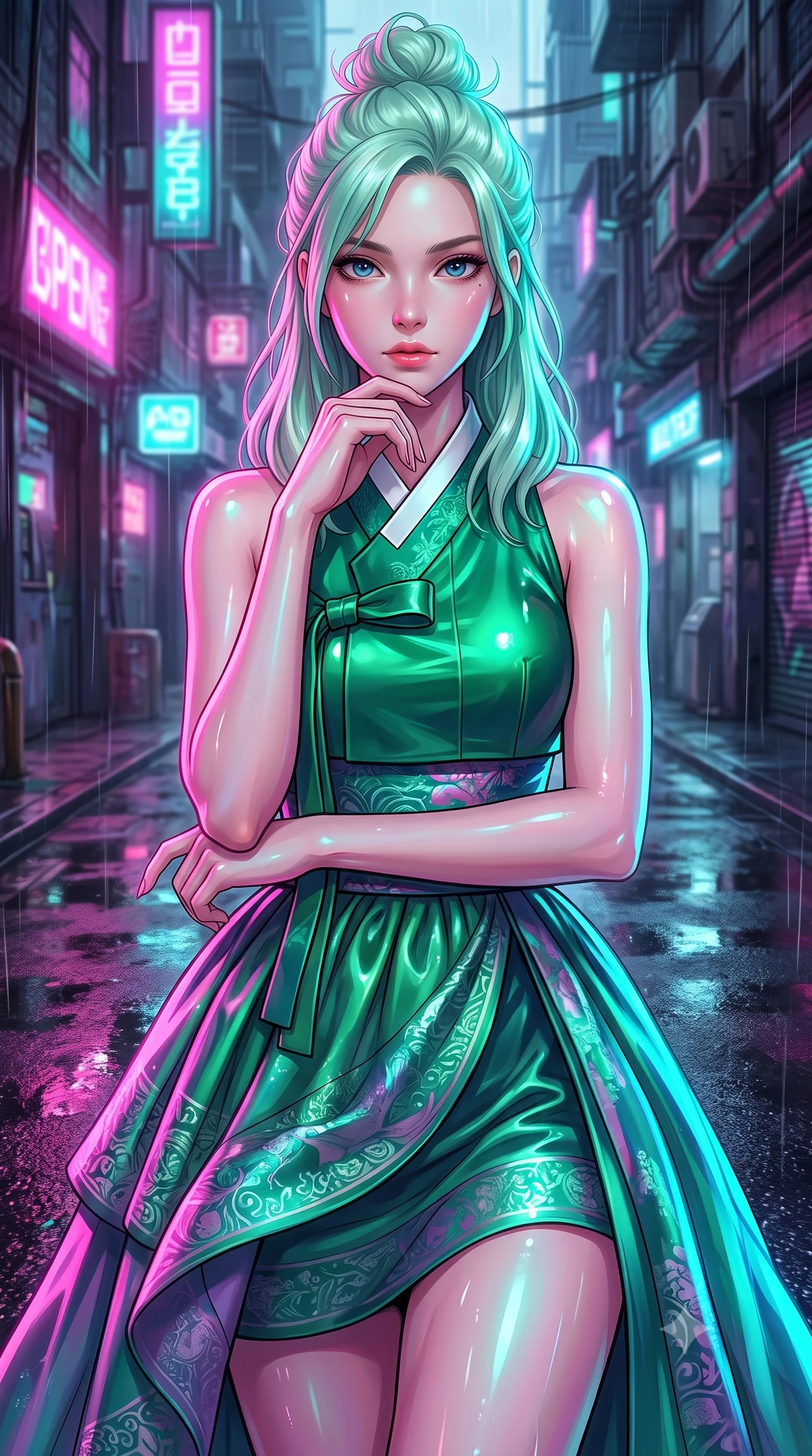 score_9, masterpiece, best quality, ultra-detailed, high-budget anime keyframe, editorial fashion photography, tasteful artistic composition, Japanese woman woman. close-up cowboy shot from the waist and thighs up, the character dominates the composition, filling the frame with her large presence, background elements kept in soft focus. She has an exceptionally elegant, slender, and willowy female figure with an ultra-slim waist, a gracefully sculpted slender torso, and a refined silhouette. resting her chin on the back of her fingers in a thoughtful and effortless pose, flawlessly proportioned anatomical accuracy, natural body alignment, perfectly sculpted elegant limbs, clean dynamic posture without body distortion. set against a soft-focus background of a cyberpunk alley with wet asphalt reflecting rain. wearing a modern fusion silk hanbok dress with a structured emerald bodice and flowing layered skirt. drenched in wet neon reflections of magenta and turquoise casting glossy specular highlights. highly saturated vibrant anime colors, detailed shading with soft gradients, rich glossy textures, high-contrast stereoscopic depth, volumetric dynamic lighting, master piece, 9:16 ratio