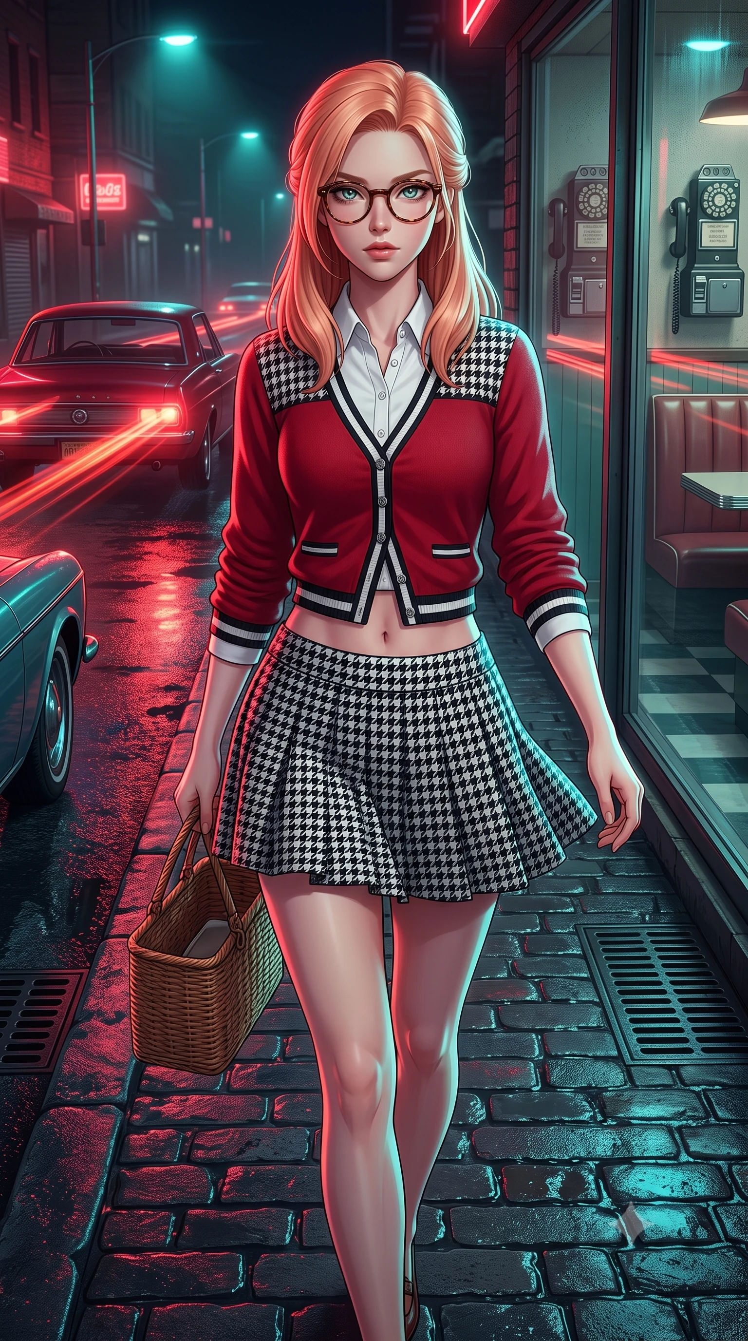 score_9, masterpiece, best quality, ultra-detailed, high-budget anime keyframe, semi-realistic 3D game render, editorial fashion photography, tasteful artistic composition, Japanese woman. close-up cowboy shot from the waist and thighs up, the character dominates the composition, filling the frame with her large presence. radiating intense magnetic charisma with jewel-like eyes locked onto the viewer, her upper body turning in a dynamic, fluid S-curve while walking dynamically down the wet cobblestone street as red taillights of vintage cars leave cinematic light streaks. The surrounding environment is rendered in vivid detail and crisp panoramic clarity. detailed vintage diner booth interiors visible through glass, telephone coin slots, and drain grates in high clarity. She has an exceptionally elegant, slender, and willowy female figure with an ultra-slim waist, a gracefully sculpted slender torso, toned flat midriff, and a refined slim silhouette. sharp v-shaped jawline, high-bridge nose, intricate jewel-like eyes with depth, thick eyelashes, glossy lips with a natural sheen, captivating and magnetic expression, flawlessly proportioned anatomical accuracy, strict slender model proportions, natural body alignment, perfectly sculpted long slender limbs, ultra-slim waistline, clean dynamic posture without body distortion. wearing a preppy 80s varsity cardigan sweater layered over a crisp collared button-down shirt and a tennis pleated skirt in classic monochrome houndstooth and cherry red, woven from soft breathable linen that flutters gently with every step, accessorized with a rustic woven wicker basket bag and round tortoiseshell glasses, the precision-cut daring openings accentuating her delicate midriff, graceful bare collarbones, and ultra-slim feminine waistline. bathed in rich neon red and cyan streetlamp glow bouncing off wet asphalt surfaces. highly saturated vibrant anime colors, detailed shading with soft gradients, rich glossy textures, high-contrast stereoscopic depth, volumetric dynamic lighting, master piece, 9:16 ratio