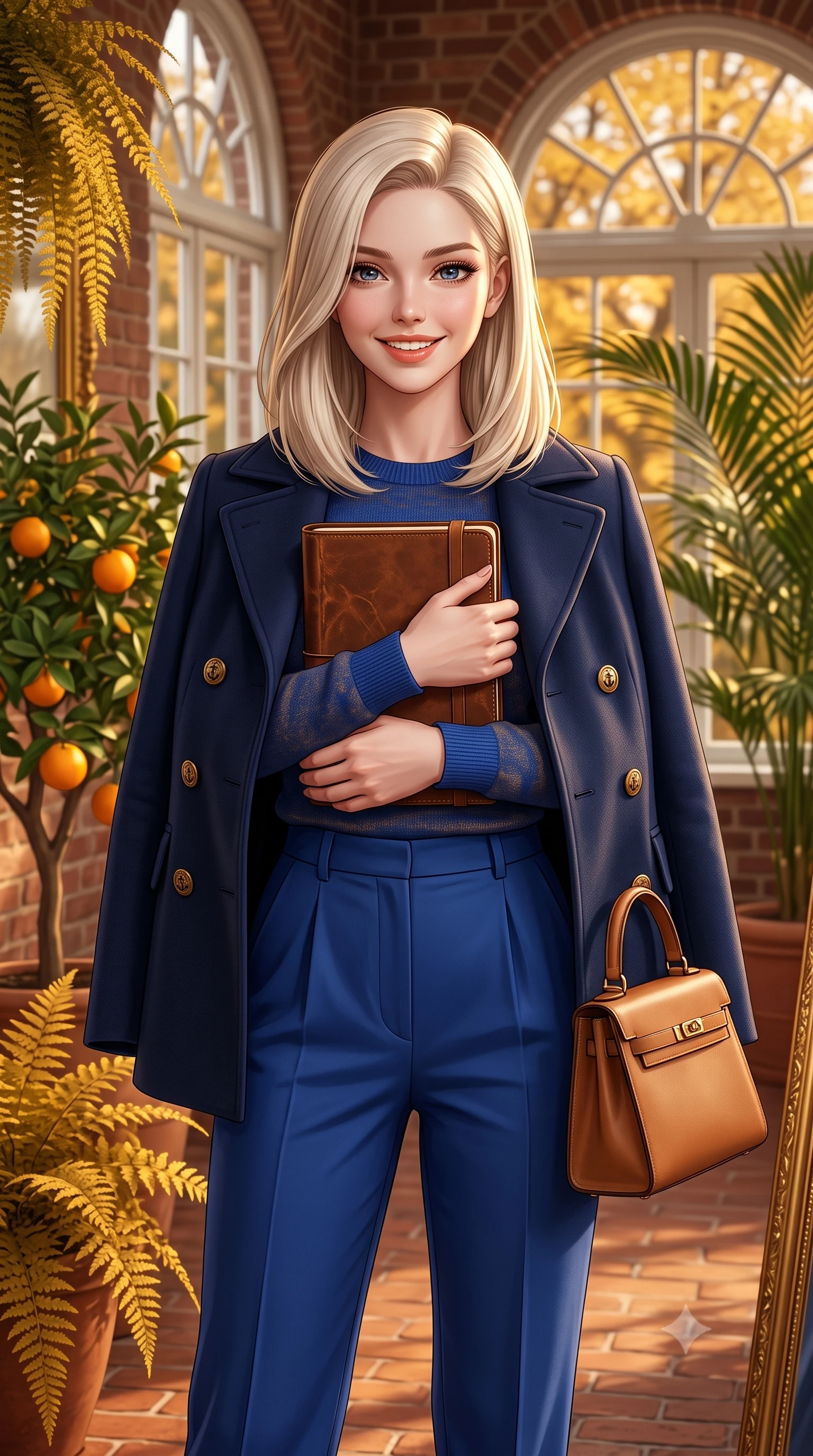 score_9, masterpiece, best quality, ultra-detailed, high-budget anime keyframe, semi-realistic 3D game render, editorial fashion photography, tasteful artistic composition, Caucasian woman. close-up cowboy shot from the waist and thighs up, the character dominates the composition, filling the frame with her large presence. holding a leather notebook close to her chest with both arms, smiling delightfully with youthful scholarly grace while standing amidst potted citrus trees and cascading golden ferns inside the historic brick orangery, smiling warmly at the camera. The background shows a soft-focus arched multi-pane conservatory windows, lush potted palm fronds, and golden maple trees outside blurred into honey, terracotta, and olive bokeh. She has an exceptionally elegant, slender, and willowy female figure with an ultra-slim waist, flat toned midriff, narrow ribcage, and sculpted feminine hips creating an alluring, slim hourglass silhouette without bulk. sharp v-shaped jawline, high-bridge nose, intricate jewel-like sparkling eyes with depth, thick eyelashes, glossy parted lips with a natural peach sheen, bright cheerful beaming smile with an enchanting and coquettish sensual glint, exuding both youthful cute charm and seductive allure, flawlessly proportioned anatomical accuracy, strict slender model proportions, natural body alignment, perfectly sculpted long slender limbs, ultra-slim waistline, clean dynamic posture without body distortion. wearing a navy tailored wool peacoat with anchor buttons layered over a soft merino wool sweater and pressed pleated slacks in royal sapphire blue and antique brushed bronze, made of crisp Egyptian cotton poplin with pristine tailored pressing, finished with a structured leather top-handle mini bag resting gracefully at her side, the precision-cut high-waisted tailoring accentuating her ultra-slim waist and long slender leg line with immaculate aristocratic poise. illuminated by terracotta floor reflection fill and warm golden rim lights defining her delicate collar and willowy silhouette. highly saturated vibrant anime colors, detailed shading with soft gradients, rich glossy textures, high-contrast stereoscopic depth, volumetric dynamic lighting, master piece, 9:16 ratio