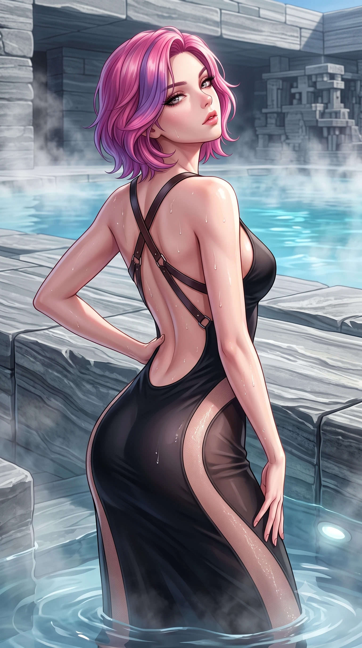 score_9, masterpiece, best quality, ultra-detailed, high-budget anime keyframe, semi-realistic 3D game render, editorial fashion photography, tasteful artistic composition, Caucasian woman. close-up cowboy shot from the waist and thighs up, the character dominates the composition, filling the frame with her large presence. tilting her chin up with proud, sovereign allure while gazing through thick eyelashes, one hand resting on her waist in pure supermodel charisma while wading through the steaming mineral thermal pool surrounded by monumental layered grey quartzite stone slabs, arching her lower back with serene supermodel grace. The surrounding environment is rendered in vivid detail and crisp panoramic clarity. detailed swimwear or sheer wrap texture, glistening moisture droplets on skin, and Zumthor architectural lines in high resolution. She has an exceptionally elegant, slender, and willowy female figure with an ultra-slim waist, flat toned midriff, narrow ribcage, and sculpted feminine hips creating an alluring, slim hourglass silhouette without bulk. sharp v-shaped jawline, high-bridge nose, intricate jewel-like eyes with depth, thick eyelashes, glossy parted lips with a natural sheen, intensely captivating and seductive bedroom-eyes expression, flawlessly proportioned anatomical accuracy, strict slender model proportions, natural body alignment, perfectly sculpted long slender limbs, ultra-slim waistline, clean dynamic posture without body distortion. wearing a second-skin black silk jersey maxi dress with asymmetrical sheer mesh side panels tracing the full curve of her hip in dusky blush rose and champagne shimmer, tailored from ultra-smooth duchess satin with a pearlescent sheen, featuring an open-back criss-cross harness strap in dark leather, the dramatically scooped open back descending to the base of her spine, accentuating her razor-sharp statuesque lines and slim hourglass silhouette. illuminated by shimmering submerged pool lights softly contouring her razor-sharp jawline, narrow waist, and curvy hips. highly saturated vibrant anime colors, detailed shading with soft gradients, rich glossy textures, high-contrast stereoscopic depth, volumetric dynamic lighting, master piece, 9:16 ratio