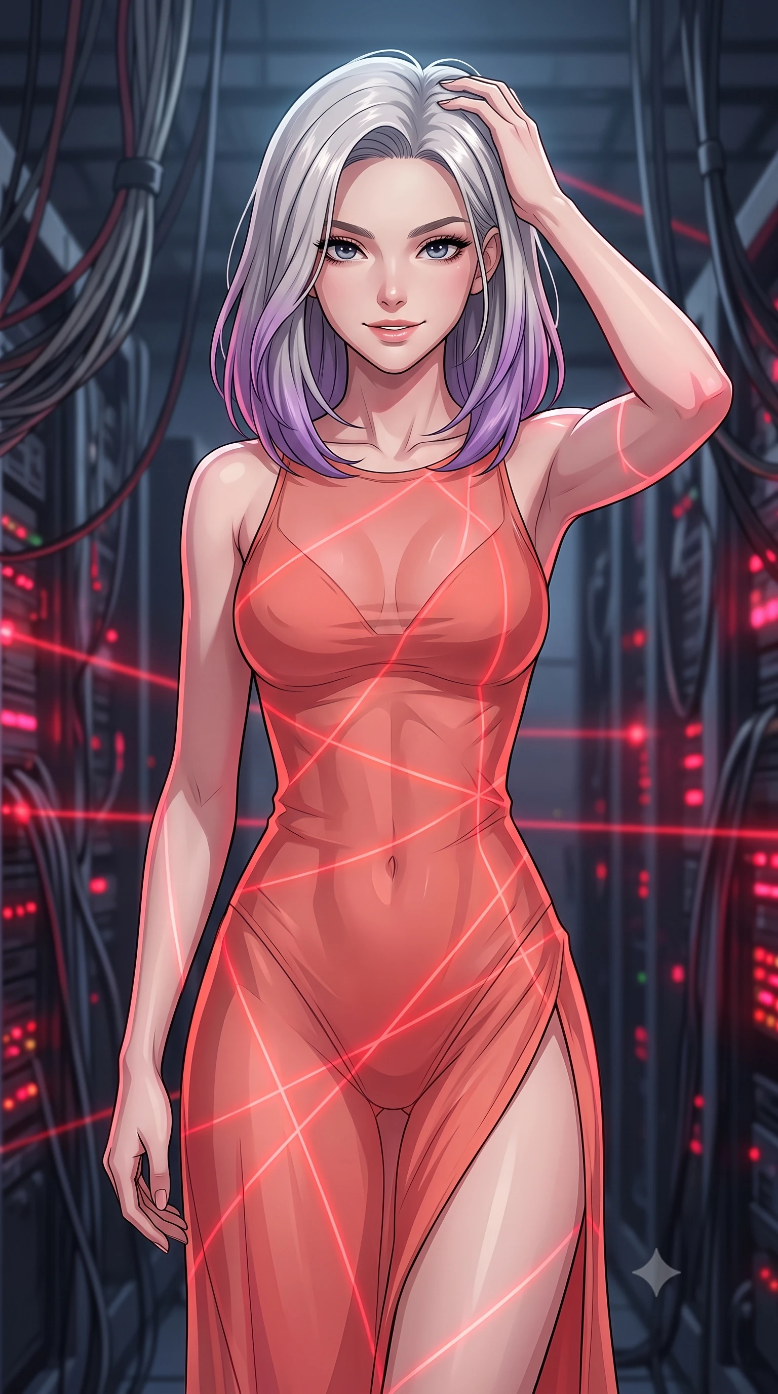 score_9, masterpiece, best quality, ultra-detailed, high-budget anime keyframe, tasteful artistic composition, Caucasian woman. close-up cowboy shot from the waist and thighs up, the character dominates the composition, filling the frame with her large presence, background elements kept in soft focus. smiling with quiet, magnetic self-assurance directly into the camera, running a hand through her hair the background shows a soft-focus an abandoned server room with blinking crimson indicator lights and hanging cable bundles. She has an exceptionally elegant, slender, and willowy female figure with an ultra-slim waist, a gracefully sculpted slender torso, and a refined silhouette. sharp v-shaped jawline, high-bridge nose, intricate jewel-like eyes with depth, thick eyelashes, glossy lips with a natural sheen. wearing a slim-fit high-slit sheer chiffon resort dress in soft coral, revealing the contours of her athletic build through the fabric. low-key red laser lines casting dynamic geometric patterns on her figure. highly saturated vibrant anime colors, cel-shading, 2d style, master piece, 9:16 ratio