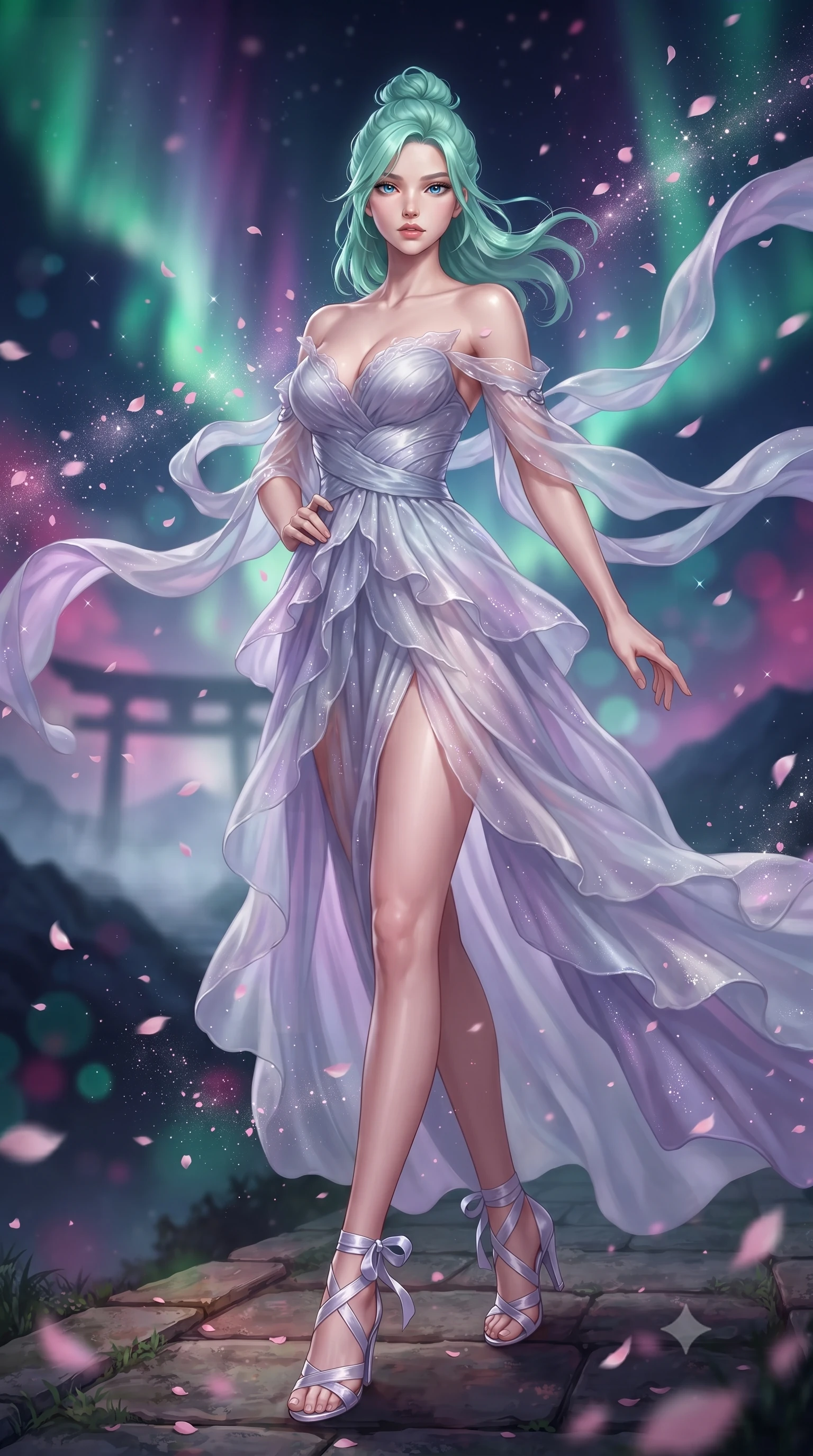 score_9, masterpiece, best quality, ultra-detailed, high-budget anime keyframe, editorial fashion photography, tasteful artistic composition, Japanese woman. low angle full-body shot from head to toe showing her feet, filling the entire 9:16 vertical frame with her statuesque presence, stretching her vertical silhouette. standing poised with one hip cocked in an alluring high-fashion pose, her tall 8.5-heads proportions dominating the scene while stepping along the mountain crest path as wind whips cherry blossom petals and stardust around her statuesque silhouette. The composition keeps background elements in soft focus with creamy bokeh. swirling emerald and violet aurora ribbons and dark mountain silhouettes blurred into deep indigo, magenta, and teal bokeh. She has an absolutely perfect, statuesque 8.5-heads proportion, an exceptionally tall and slender model-like female figure with impossibly long slender legs, a toned flat midriff, and an ultra-slim waist. sharp v-shaped jawline, high-bridge nose, intricate jewel-like eyes with depth, thick eyelashes, glossy lips with a natural sheen, captivating and magnetic expression, flawlessly proportioned anatomical accuracy, strict slender model proportions, natural body alignment, perfectly sculpted long slender limbs, ultra-slim waistline, clean dynamic posture without body distortion. wearing a celestial lotus-inspired layered chiffon gown with an exposed clavicle bodice in moonlit silver and lavender mist, crafted from traditional Korean gossamer silk organza with pearlescent luster, complemented by long flowing silk arm ribbons that float weightlessly in the air, the form-contouring material adhering flawlessly to her sculpted flat midriff and slender torso, emphasizing her long leg lines and perfectly proportioned willowy build. surrounded by a divine, mystical, and spiritually transcendent shrine maiden sovereign aura. ultra-reflective glossy finish, specular highlights, rich textural contrasts, high-contrast stereoscopic depth, volumetric dynamic lighting, 2k, ultra detail, master piece, 9:16 ratio