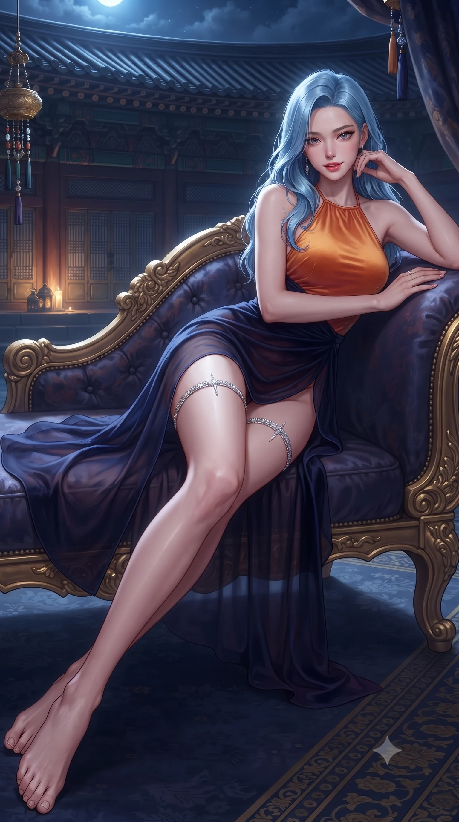 score_9, masterpiece, best quality, ultra-detailed, high-budget anime keyframe, editorial fashion photography, tasteful artistic composition, Korean woman. low angle full-body shot from head to toe showing her feet, filling the entire 9:16 vertical frame with her statuesque presence, stretching her vertical silhouette. reclining gracefully across the plush chaise lounge with one leg extended, her sculpted silhouette and flat midriff radiating magnetic nocturnal glamour while lounging languidly on an antique silk floor cushion propped on one elbow, her flat midriff and long slender legs commanding the moonlit pavilion vista. The surrounding environment is rendered in vivid detail and crisp panoramic clarity: detailed embroidered silk norigae weave, moonlight glints on skin, and historic royal pavilion architecture in razor-sharp precision. She has an absolutely perfect, statuesque 8.5-heads proportion, an exceptionally tall and slender model-like female figure with impossibly long slender legs, an ultra-slim waist, a flat toned midriff, narrow delicate ribcage, and beautifully sculpted feminine hips creating a graceful, slim hourglass silhouette without any bulky heaviness. sharp v-shaped jawline, high-bridge nose, sparkling eyes with hypnotic seductive depth, thick curled eyelashes, glossy parted lips with a natural dewy peach sheen, alluring bedroom-eyes with an enchanting coquettish smile, exuding magnetic siren charisma and sophisticated glamour, flawlessly proportioned anatomical accuracy, strict slender model proportions, natural body alignment, perfectly sculpted long slender limbs, ultra-slim waistline, clean dynamic posture without body distortion. wearing a liquid-tight backless silk halter leotard styled with a sheer wrap overskirt revealing her long slender legs and hip curve in sunset tangerine orange and deep navy indigo, tailored from ultra-plush velvet with rich tactile depth and deep shadow gradients, accented with a delicate crystal-encrusted thigh garter strap glinting under the lights, the liquid-tight tailored fabric clinging flawlessly to her narrow waist and rounded feminine hips, emphasizing every millimeter of her sculpted slim hourglass curves without any bulky heaviness. illuminated by pond surface moonbeam bounce and sharp platinum rim lights sculpting her razor-sharp jawline, narrow waist, and curvy hips. ultra-reflective glossy finish, specular highlights, rich textural contrasts, high-contrast stereoscopic depth, volumetric dynamic lighting, 2k, ultra detail, master piece, 9:16 ratio
