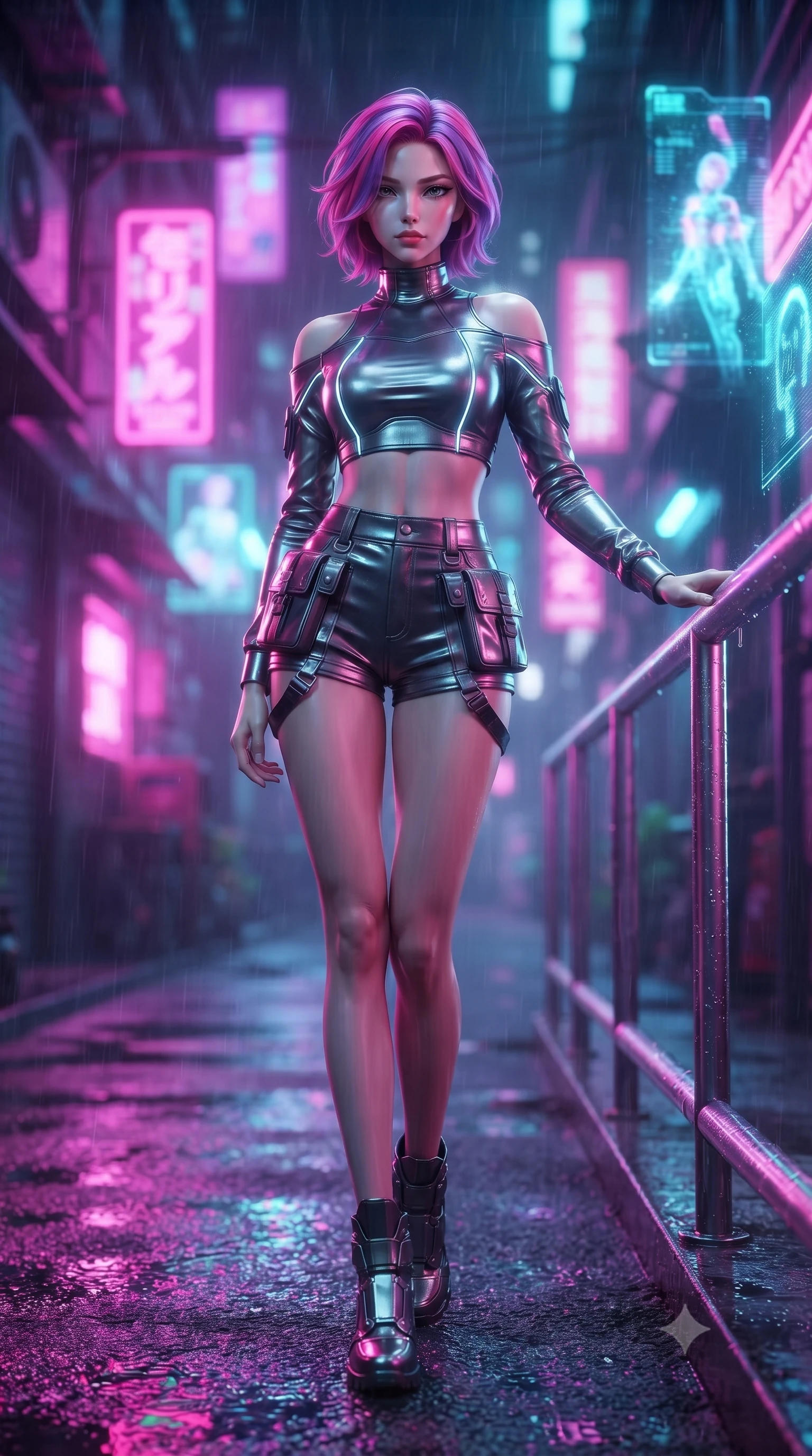 score_9, masterpiece, best quality, ultra-detailed, high-budget anime keyframe, editorial fashion photography, tasteful artistic composition, Caucasian woman. low angle full-body shot from head to toe showing her feet, filling the entire 9:16 vertical frame with her statuesque presence, stretching her vertical silhouette. standing in a tall, confident posture with one hand on a glowing metal railing, stretching her statuesque body, the background shows a soft-focus a rain-slicked cyberpunk back alley illuminated by flickering neon signs. She has an absolutely perfect, statuesque 8.5-heads proportion, an exceptionally tall and slender model-like female figure with impossibly long slender legs and an ultra-slim waist. sharp v-shaped jawline, high-bridge nose, intricate jewel-like eyes with depth, thick eyelashes, glossy lips with a natural sheen. wearing a tailored chic off-shoulder carbon-plate crop top, paired with high-waisted utility micro-shorts. intense magenta and cyan neon lights reflecting off the wet asphalt surface. ultra-reflective glossy finish, specular highlights, metallic sheen, high-contrast stereoscopic depth, volumetric dynamic lighting, 2k, ultra detail, master piece, 9:16 ratio