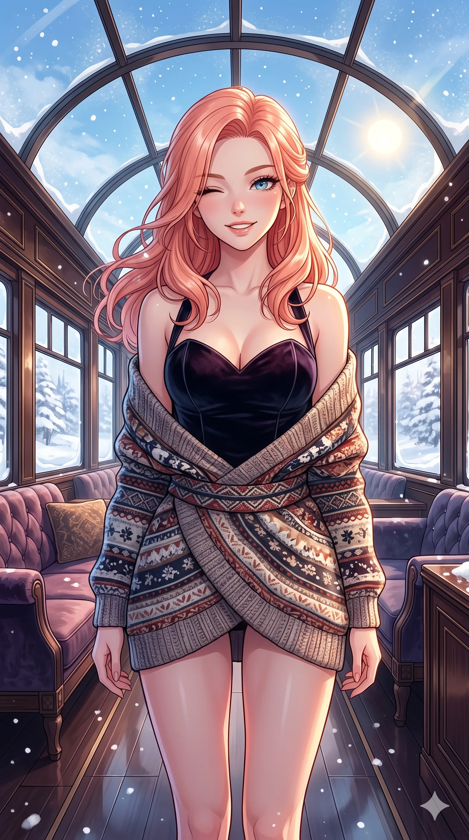 score_9, masterpiece, best quality, ultra-detailed, high-budget anime keyframe, vibrant anime aesthetic, Japanese woman. cowboy shot from the thighs up, character and outfit filling the frame for maximum presence. She is standing in the snow, winking and smiling delightfully at the camera inside a luxury train lounge car under winter blue sky (Code-P21-198). She has an absolutely perfect 8-heads proportion, an exceptionally tall and slender female figure with impossibly long slender legs and an ultra-slim waist. V-shaped jawline, high-bridge nose, intricate jewel-like eyes with depth, thick eyelashes, glossy lips with a natural sheen. wearing a dark velvet structured bodice with a sweetheart neckline combined with a patterned textured knit-inspired wrap in winter. She is bathed in soft morning winter light filtering through the glass dome of the conservatory. 2k, ultra detail, master piece, 9:16 ratio