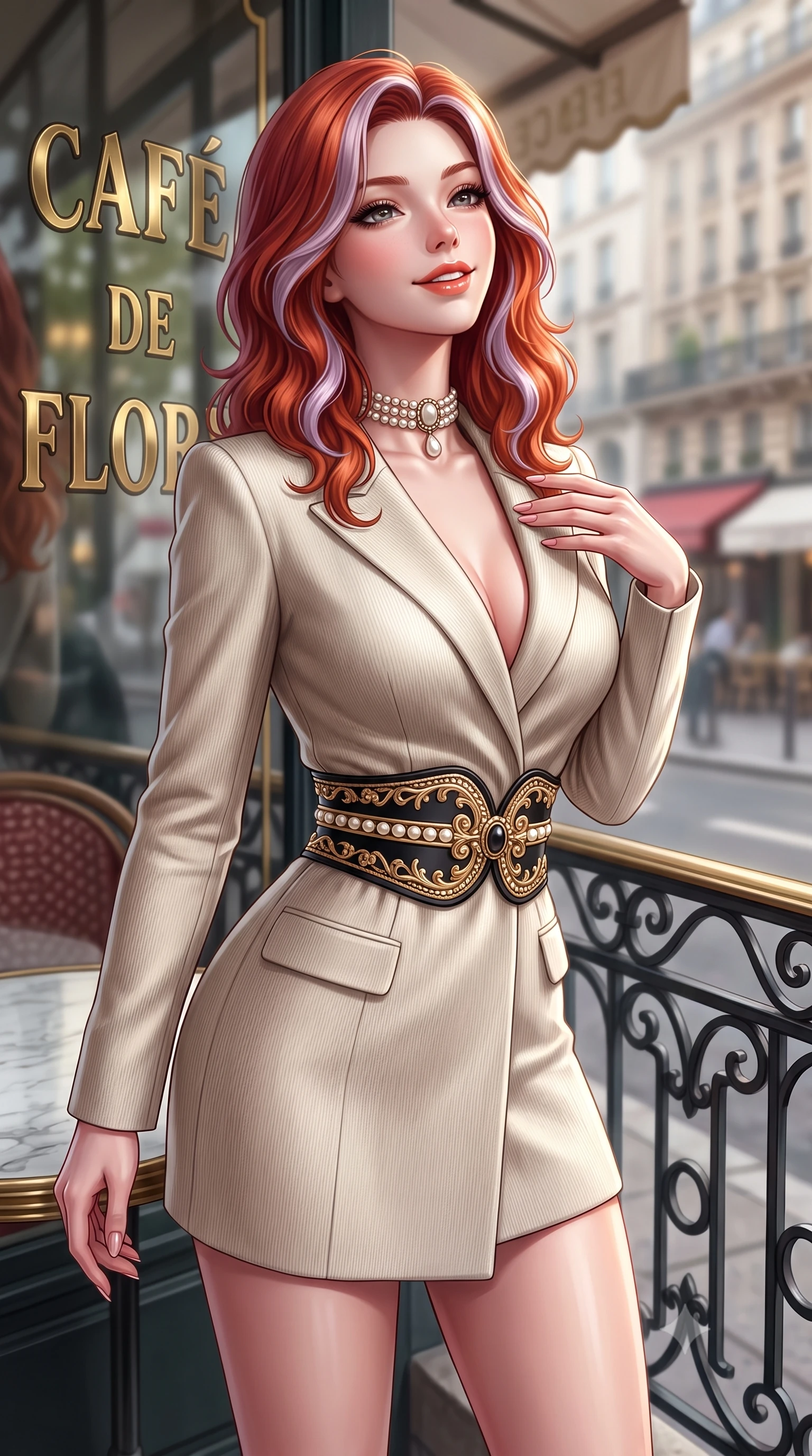 score_9, masterpiece, best quality, ultra-detailed, high-budget anime keyframe, semi-realistic 3D game render, editorial fashion photography, tasteful artistic composition, Caucasian woman. close-up cowboy shot from the waist and thighs up, the character dominates the composition, filling the frame with her large presence. tilting her chin up with a teasing half-smile, running one manicured hand lightly along her lapel with effortless magnetic allure while standing beside the wrought-iron café railing looking out over Boulevard Saint-Germain, turning with playful coquettish charm. The background shows a soft-focus brass café lettering on glass softened in romantic Left Bank intellectual shallow focus. She has an exceptionally elegant, slender, and willowy female figure with an ultra-slim waist, flat toned midriff, narrow ribcage, and sculpted feminine hips creating an alluring, slim hourglass silhouette without bulk. sharp v-shaped jawline, high-bridge nose, intricate jewel-like sparkling eyes with depth, thick eyelashes, glossy parted lips with a natural peach sheen, bright cheerful beaming smile with an enchanting and coquettish sensual glint, exuding both youthful cute charm and seductive allure, flawlessly proportioned anatomical accuracy, strict slender model proportions, natural body alignment, perfectly sculpted long slender limbs, ultra-slim waistline, clean dynamic posture without body distortion. wearing a bespoke hourglass-tailored wool blazer dress with structured shoulders and a deeply cinched belt, highlighting her sculpted feminine hips in gilded ivory pearl and rich obsidian, woven from fine elastic rib-knit fabric tracing every millimeter of her slender torso, complemented by an antique baroque pearl choker accentuating her delicate neck and collarbones, the liquid-tight tailored fabric clinging flawlessly to her narrow waist and rounded feminine hips, emphasizing every millimeter of her sculpted slim hourglass curves without any bulky heaviness. illuminated by zinc counter and marble tabletop bounce with delicate platinum rim lights sculpting her features and slender waist. highly saturated vibrant anime colors, detailed shading with soft gradients, rich glossy textures, high-contrast stereoscopic depth, volumetric dynamic lighting, master piece, 9:16 ratio