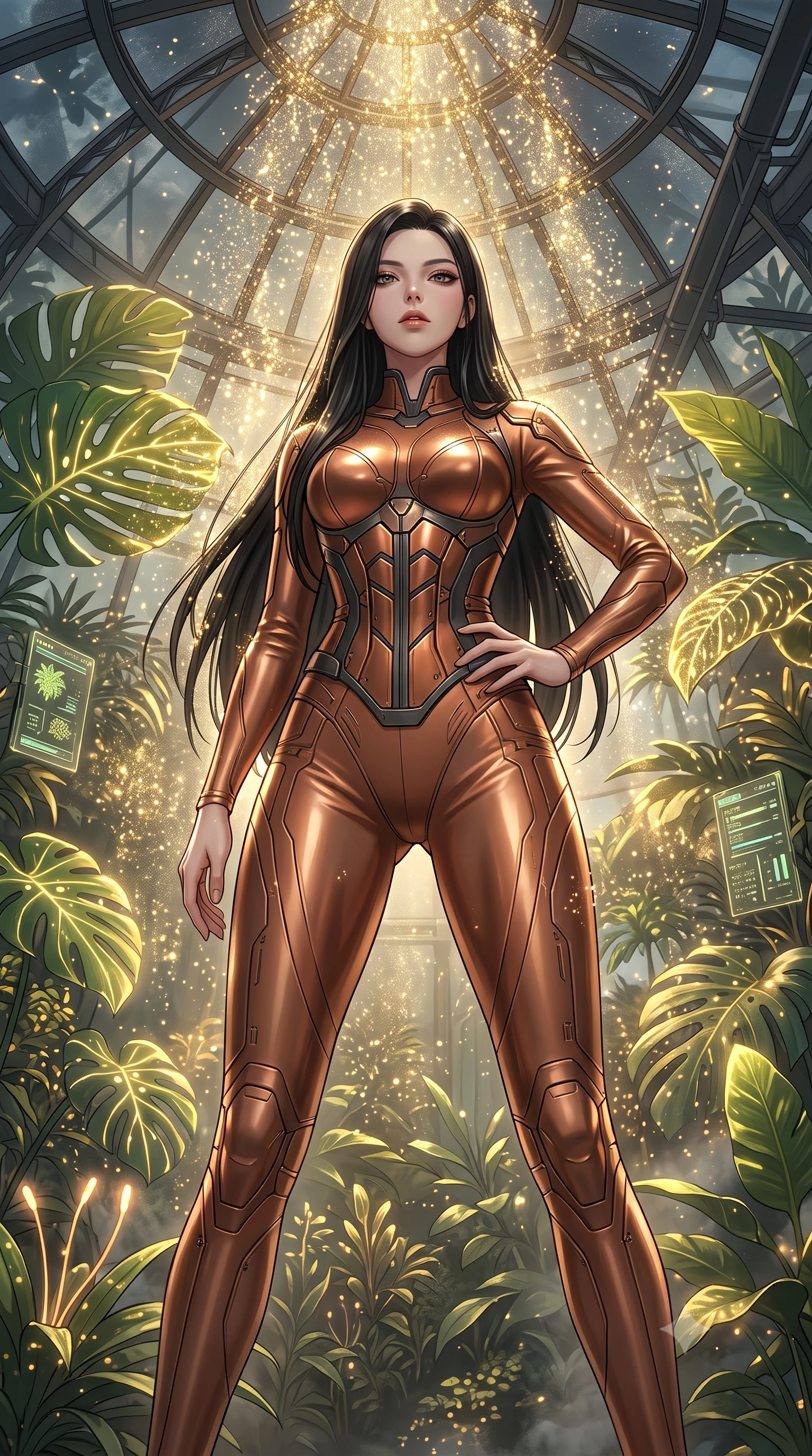 score_9, masterpiece, best quality, ultra-detailed, High-budget Anime Keyframe, East Asian woman. Low angle cowboy shot filling the entire 9:16 frame with her statuesque presence. Scenario 484: showering under a cascade of glittering gold stardust inside a cybernetic greenhouse filled with giant glowing tropical leaves. Her presence is magnetic and overpowering in this high-budget anime scene. Outfit 484: a slim-fit metallic copper matte vinyl catsuit layered over a structured corset bodice. The clothing is designed to emphasize her exceptionally tall and slender 8-heads proportion. 8-heads proportion, towering silhouette, ultra-slim waist. sharp v-shaped jawline, intricate jewel-like eyes with depth, thick eyelashes, glossy lips. 2k, ultra detail, master piece, 9:16 ratio