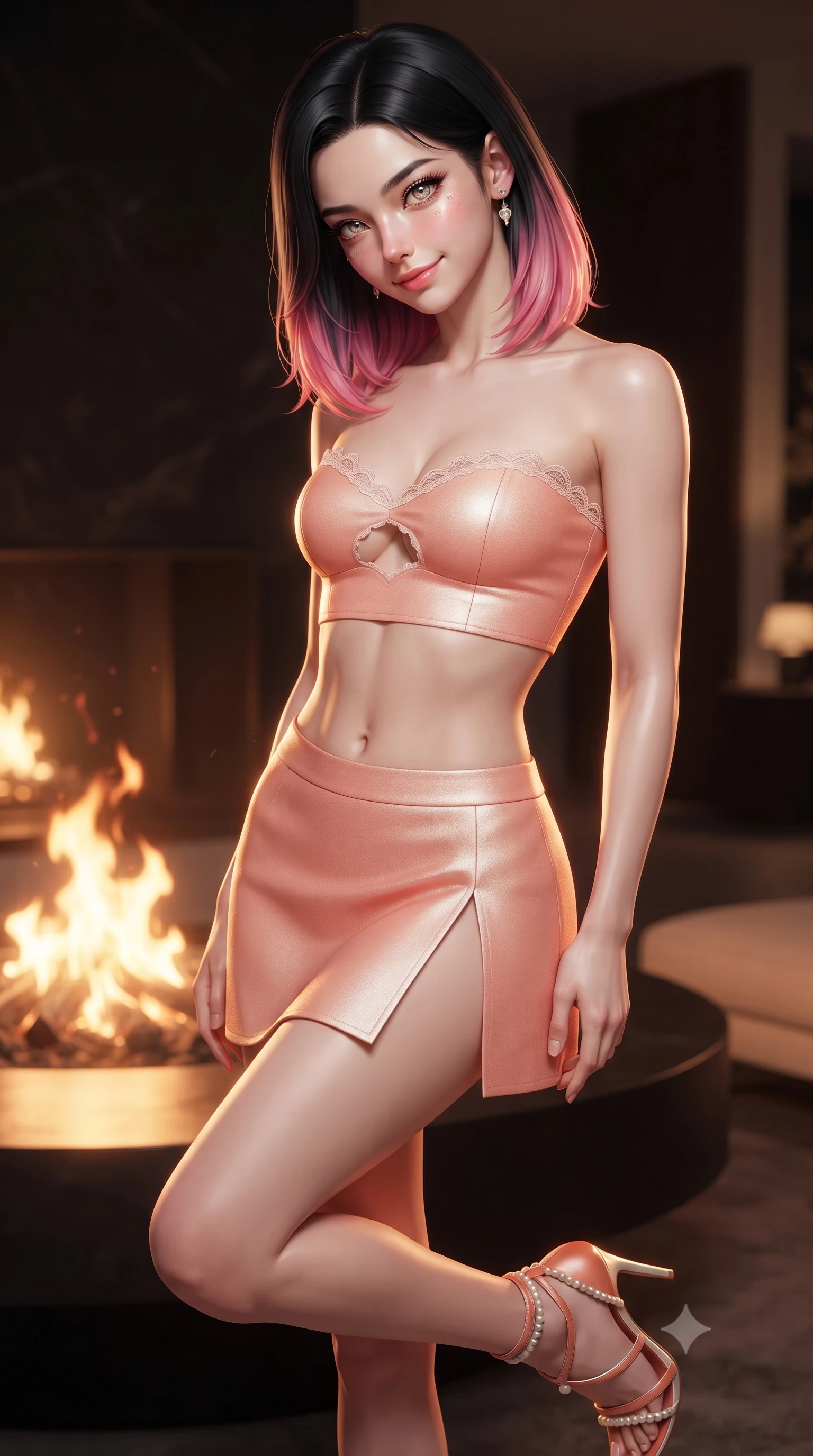 score_9, masterpiece, best quality, ultra-detailed, high-budget anime keyframe, editorial fashion photography, tasteful artistic composition, Korean woman. close-up cowboy shot from the waist and thighs up, the character dominates the composition, filling the frame with her large presence. tilting her head with a teasing half-smile, running one hand slowly down the side of her hip in a flirtatious S-curve as ambient light caresses her silhouette while twisting her slender torso in an alluring contrapposto stance beside the interior fire pit, glowing flames tracing her flat midriff and hips. The surrounding environment is rendered in vivid detail and crisp panoramic clarity: detailed garment lines, bodycon fit, and monumental engineering in high resolution. She has an exceptionally elegant, slender, and willowy female figure with an ultra-slim waist, flat toned midriff, narrow ribcage, and sculpted feminine hips creating an alluring, slim hourglass silhouette without bulk. sharp v-shaped jawline, high-bridge nose, intricate jewel-like sparkling eyes with depth, thick eyelashes, glossy parted lips with a natural peach sheen, bright cheerful beaming smile with an enchanting and coquettish sensual glint, exuding both youthful cute charm and seductive allure, flawlessly proportioned anatomical accuracy, strict slender model proportions, natural body alignment, perfectly sculpted long slender limbs, ultra-slim waistline, clean dynamic posture without body distortion. wearing an ultra-cropped fitted bandeau top paired with a micro mini tennis skirt revealing her flat toned midriff in North Malé sandbank mother-of-pearl and warm coral blush, crafted from bespoke double-faced cashmere with an exceptionally soft tactile finish, finished with scalloped eyelash lace trim framing her sweetheart neckline with intimate elegance, the high-slit wrap tailoring accentuating her ultra-slim waistline and the enchanting curve of her feminine hips with alluring seductive charm. illuminated by glass reflection bounce and sharp platinum-gold rim lights sculpting her razor-sharp jawline, narrow waist, and curvy hips. ultra-reflective glossy finish, specular highlights, rich textural contrasts, high-contrast stereoscopic depth, volumetric dynamic lighting, 2k, ultra detail, master piece, 9:16 ratio