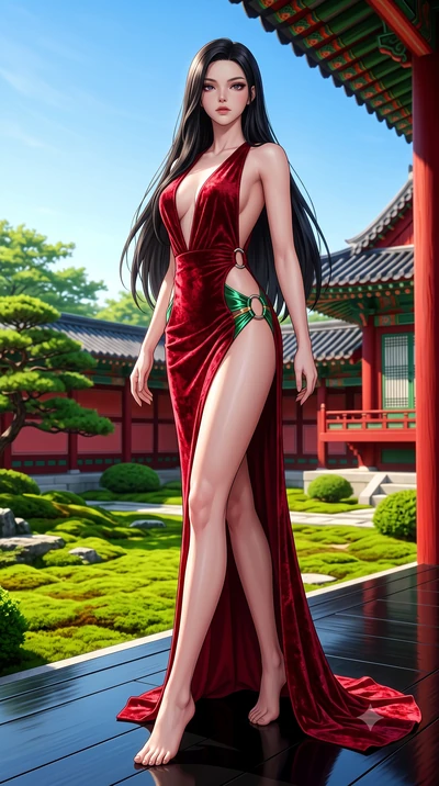 score_9, masterpiece, best quality, ultra-detailed, high-budget anime keyframe, semi-realistic 3D game render, editorial fashion photography, tasteful artistic composition, Korean woman. low angle full-body shot from head to toe showing her feet, fil