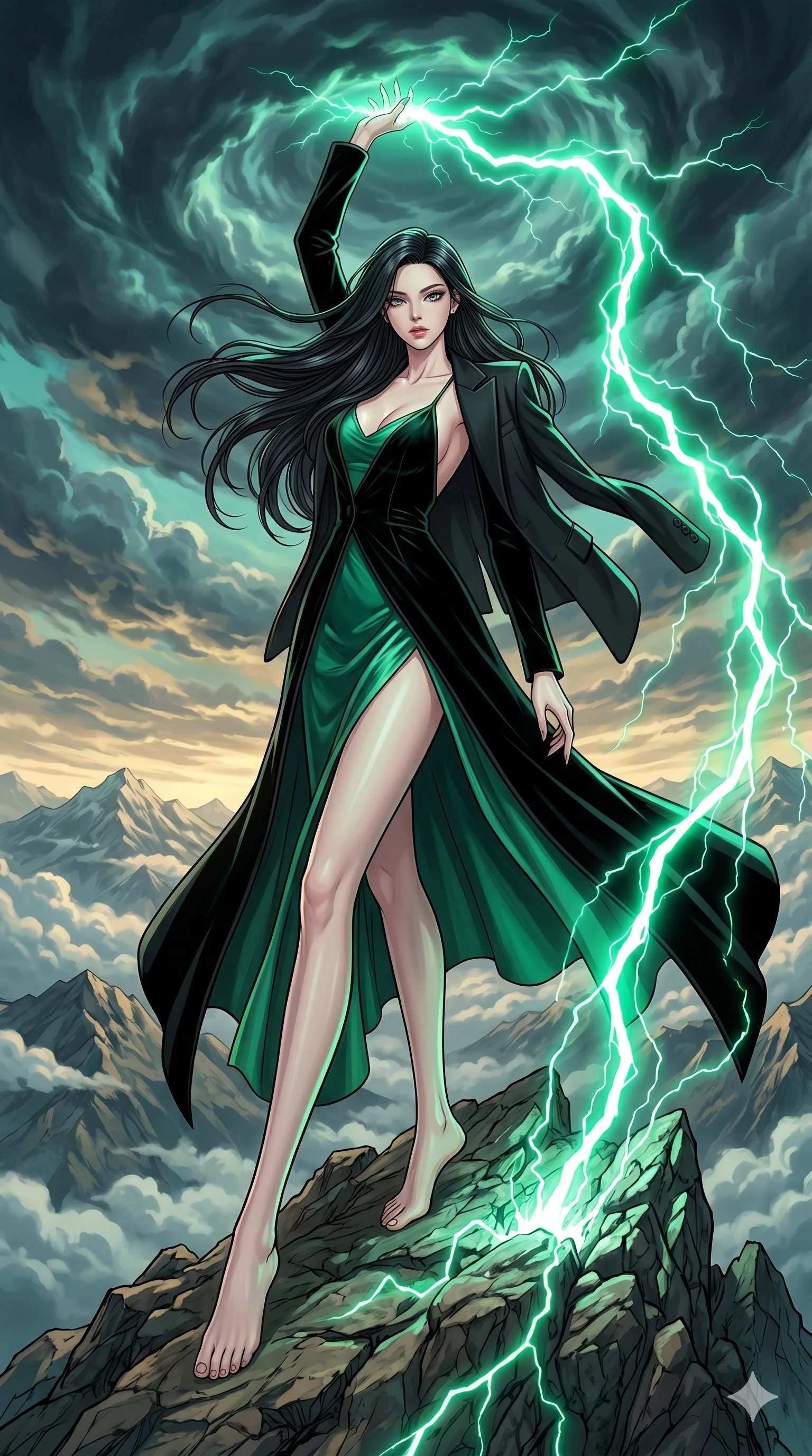 score_9, masterpiece, best quality, ultra-detailed, high-budget anime movie keyframe, cinematic anime lighting, intricate line art, Korean anime girl. Dynamic full-body shot stretching the vertical silhouette with extreme perspective. commanding a storm of emerald lightning from a mountaintop. She has an absolutely perfect 8-heads proportion, an exceptionally tall and slender female figure with an ultra-slim waist and impossibly long slender legs. strictly human anatomy, two legs only, no extra limbs, clearly defined legs and arms, perfect anatomy, perfect hands and fingers. sharp v-shaped jawline, high-bridge nose, intricate jewel-like eyes, thick eyelashes, glossy lips. Wearing High-Fashion Editorial: Silk slip dress with high side slit, backless velvet gown, and structured blazer with nothing underneath. The scene is illuminated by dramatic atmospheric lighting and vibrant color palettes. , 2k, ultra detail, master piece, 9:16 ratio