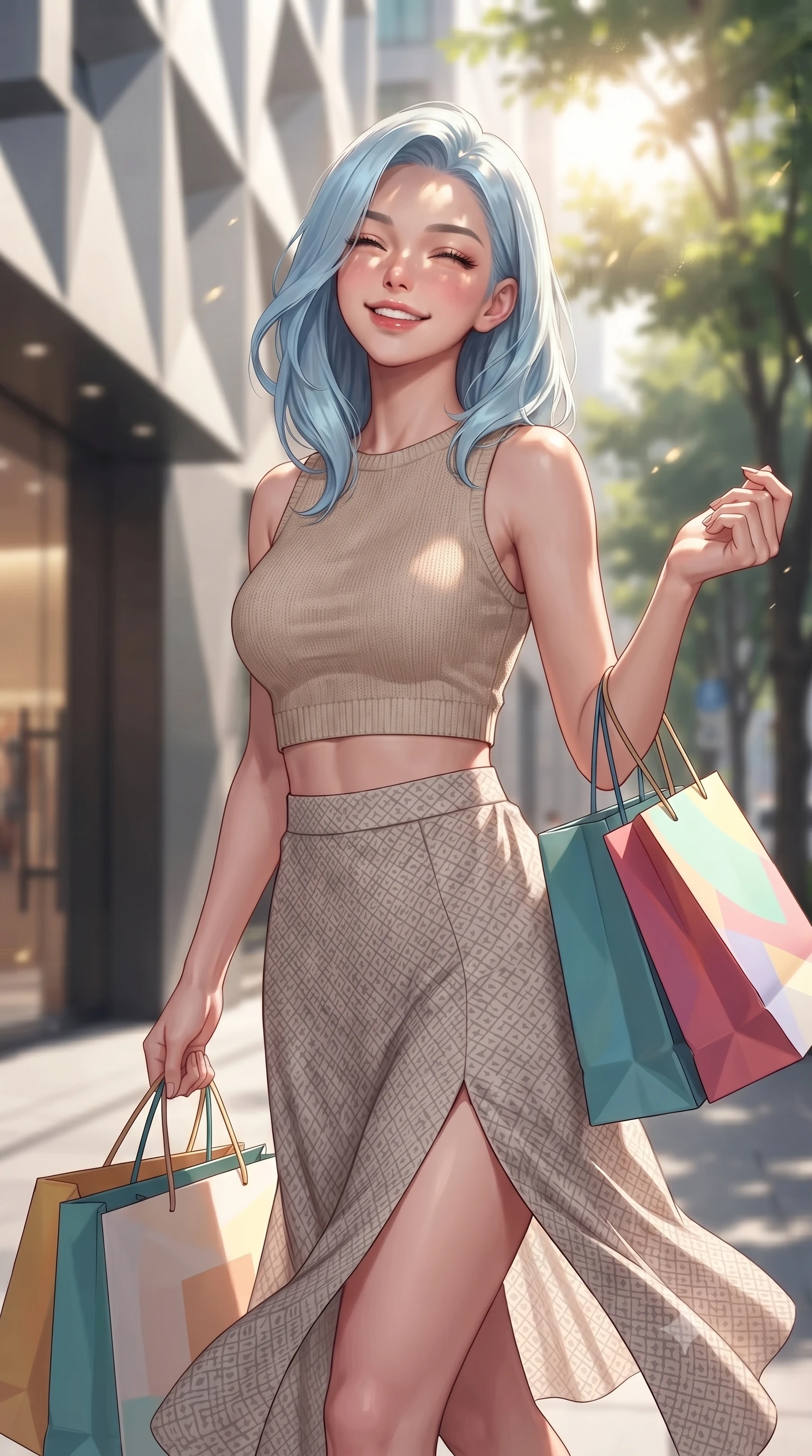 score_9, masterpiece, best quality, ultra-detailed, high-budget anime keyframe, editorial fashion photography, tasteful artistic composition, Korean woman. close-up cowboy shot from the waist and thighs up, the character dominates the composition, filling the frame with her large presence, background elements kept in soft focus. smiling happily with closed eyes, enjoying the warm sunbeams on her face set against a soft-focus background of near a modern art gallery entrance on a fashionable city street carrying a couple of colorful shopping bags with a happy, excited look. She has an exceptionally elegant, slender, and willowy female figure with an ultra-slim waist, a gracefully sculpted slender torso, and a refined silhouette. sharp v-shaped jawline, high-bridge nose, intricate jewel-like eyes with depth, thick eyelashes, glossy lips with a natural sheen. wearing tailored crop top in oatmeal knit paired with a flowy midi skirt featuring a high side slit. dappled sunlight filtering through the street trees, casting soft shadows. ultra-reflective glossy finish, specular highlights, metallic sheen, high-contrast stereoscopic depth, volumetric dynamic lighting, 2k, ultra detail, master piece, 9:16 ratio