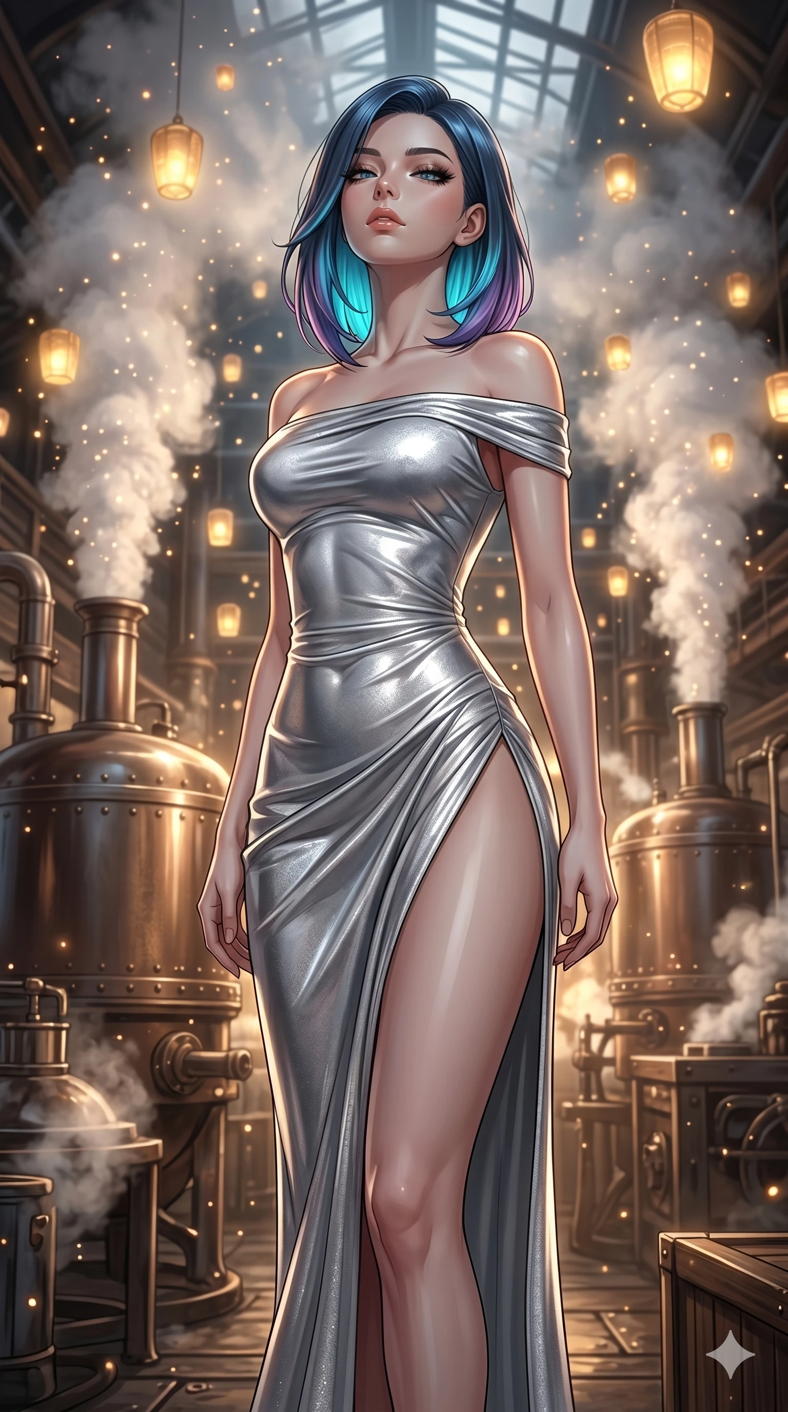 score_9, masterpiece, best quality, ultra-detailed, high-budget anime keyframe, editorial fashion photography, tasteful artistic composition, Caucasian woman, strictly human ears. cowboy shot from the thighs up, character and outfit filling the frame for maximum editorial presence. Arching her neck slightly with her eyes half-closed in a moment of calm self-assurance within a steampunk foundry with massive iron boilers venting white steam clouds, as thousands of micro-particles of light dance in the air. She has an absolutely perfect 8-heads proportion, an exceptionally tall and slender female figure with impossibly long slender legs and an ultra-slim waist. V-shaped jawline, high-bridge nose, intricate jewel-like eyes with depth, thick eyelashes, glossy lips with a natural sheen. wearing an asymmetric off-shoulder dress in liquid silver jersey with a body-contouring fit and high slit. illuminated by thousands of floating golden lanterns casting a soft, warm, glowing atmosphere. 2k, ultra detail, master piece, 9:16 ratio