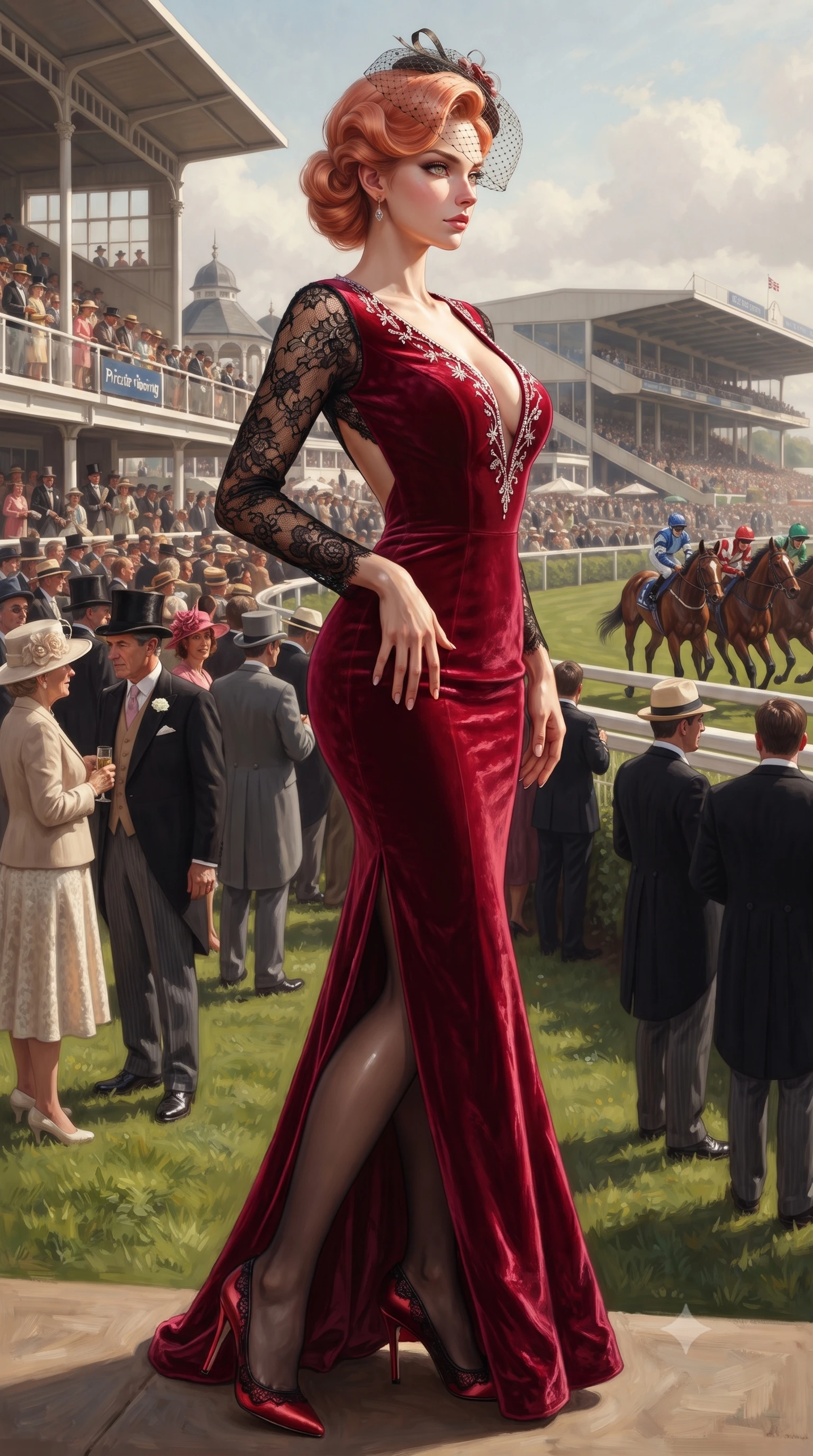score_9, masterpiece, best quality, ultra-detailed, high-budget anime keyframe, editorial fashion photography, tasteful artistic composition, Japanese woman. close-up cowboy shot from the waist and thighs up, the character dominates the composition, filling the frame with her large presence. twisting her slender torso in a deep contrapposto stance, hips dramatically shifted to accentuate her feminine curves while looking past her shoulder with smoldering bedroom-eyes while resting one manicured hand delicately on her hip bone while gazing through thick eyelashes at the passing racehorses, parted glossy lips catching the sunlight. The surrounding environment is rendered in vivid detail and crisp panoramic clarity. brilliant British high-society afternoon chiaroscuro and aristocratic derby glamour aesthetics in precision. She has an exceptionally elegant, slender, and willowy female figure with an ultra-slim waist, flat toned midriff, narrow ribcage, and sculpted feminine hips creating an alluring, slim hourglass silhouette without bulk. sharp v-shaped jawline, high-bridge nose, intricate jewel-like eyes with depth, thick eyelashes, glossy parted lips with a natural sheen, intensely captivating and seductive bedroom-eyes expression, flawlessly proportioned anatomical accuracy, strict slender model proportions, natural body alignment, perfectly sculpted long slender limbs, ultra-slim waistline, clean dynamic posture without body distortion. wearing a plunging-V neckline crushed crimson velvet opera gown with delicate black lace sleeves and bare back in rich equestrian cognac brown and crisp champagne cream, tailored from liquid silk jersey adhering flawlessly to her slender build, finished with delicate crystal frost embroidery tracing the plunging neckline, the form-contouring material adhering flawlessly to her sculpted flat midriff and slender torso, emphasizing her long leg lines and perfectly proportioned willowy build. illuminated by sharp specular highlights carving her sculpted collarbones, flat toned midriff, and rounded hips. ultra-reflective glossy finish, specular highlights, rich textural contrasts, high-contrast stereoscopic depth, volumetric dynamic lighting, 2k, ultra detail, master piece, 9:16 ratio