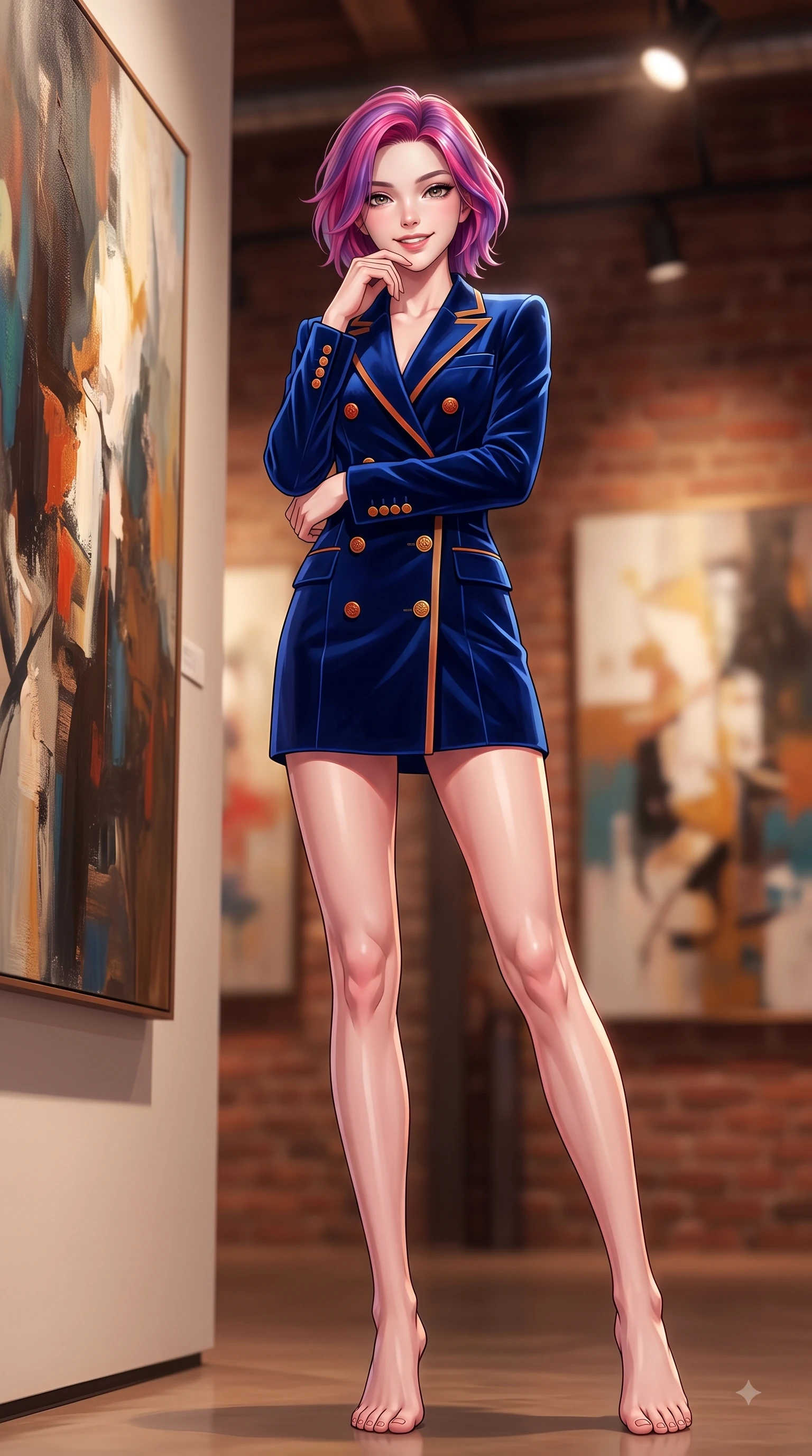 score_9, masterpiece, best quality, ultra-detailed, high-budget anime keyframe, editorial fashion photography, tasteful artistic composition, Caucasian woman. low angle full-body shot from head to toe showing her feet, filling the entire 9:16 vertical frame with her statuesque presence, stretching her vertical silhouette. Youthful cheerful smile exuding cute playful charm and radiant sparkle in her eyes while pausing dramatically near a large abstract oil painting with a magnetic editorial gaze. The composition keeps background elements in soft focus with dreamy bokeh. abstract artwork canvases and warm brick gallery walls blurred into cozy industrial bokeh. She has an absolutely perfect, statuesque 8.5-heads proportion, an exceptionally tall and slender model-like female figure with impossibly long slender legs and an ultra-slim waist. sharp v-shaped jawline, high-bridge nose, intricate jewel-like eyes with depth, thick eyelashes, glossy lips with a natural sheen, flawlessly proportioned anatomical accuracy, natural body alignment, perfectly sculpted elegant limbs, clean dynamic posture without body distortion. wearing a royal navy blue double-breasted blazer dress accented with gold crest buttons in burnt orange and warm camel beige, made of premium stretch velvet with a rich glossy sheen, finished with gold metallic hardware buttons along the front, the form-contouring material accentuating her ultra-slim waist and long lines. illuminated by crisp gallery spotlights and rich mahogany ambient glow. highly saturated vibrant anime colors, detailed shading with soft gradients, rich glossy textures, high-contrast stereoscopic depth, volumetric dynamic lighting, master piece, 9:16 ratio