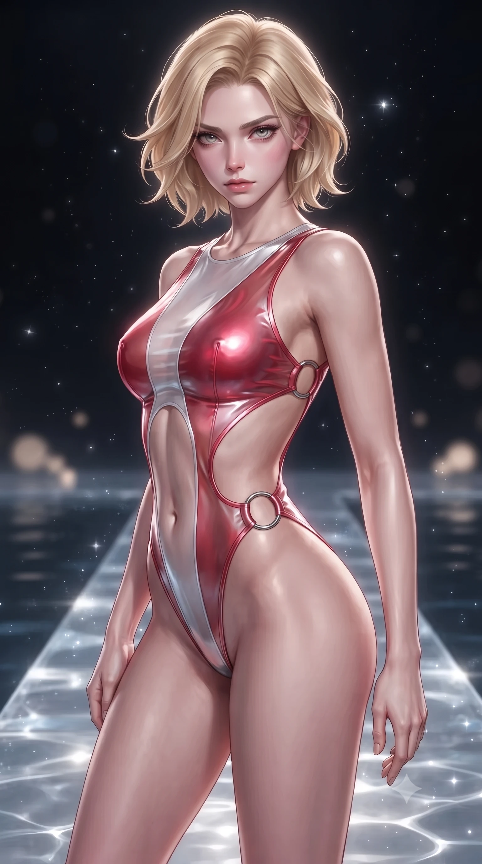 score_9, masterpiece, best quality, ultra-detailed, high-budget anime keyframe, editorial fashion photography, tasteful artistic composition, Caucasian woman. close-up cowboy shot from the waist and thighs up, the character dominates the composition, filling the frame with her large presence. gazing directly into the lens with bedroom eyes and a breathtaking, dangerous allure that commands the entire composition while pivoting dynamically on a submerged crystal walkway with starlight reflecting off the calm water surface. The composition keeps background elements in soft focus with creamy bokeh. silver water caustics and stardust motes scattering soft glowing light across a dark backdrop. She has an exceptionally elegant, slender, and willowy female figure with an ultra-slim waist, a gracefully sculpted slender torso, toned flat midriff, and a refined slim silhouette. sharp v-shaped jawline, high-bridge nose, intricate jewel-like eyes with depth, thick eyelashes, glossy lips with a natural sheen, flawlessly proportioned anatomical accuracy, strict slender model proportions, natural body alignment, perfectly sculpted long slender limbs, ultra-slim waistline, clean dynamic posture without body distortion. wearing a high-cut translucent vinyl leotard with front paneling, exposed side-rib cutouts, and an open back in radiant crimson silk and crisp snow white, made of liquid metal jersey that clings flawlessly to every contour of her build, detailed with polished silver rings connecting the daring side-waist cutouts, the form-contouring material adhering flawlessly to her sculpted flat midriff and slender torso, emphasizing her long leg lines and perfectly proportioned willowy build. illuminated by soft glowing starlight fill and crisp specular highlights tracing her slender curves. ultra-reflective glossy finish, specular highlights, metallic sheen, high-contrast stereoscopic depth, volumetric dynamic lighting, 2k, ultra detail, master piece, 9:16 ratio