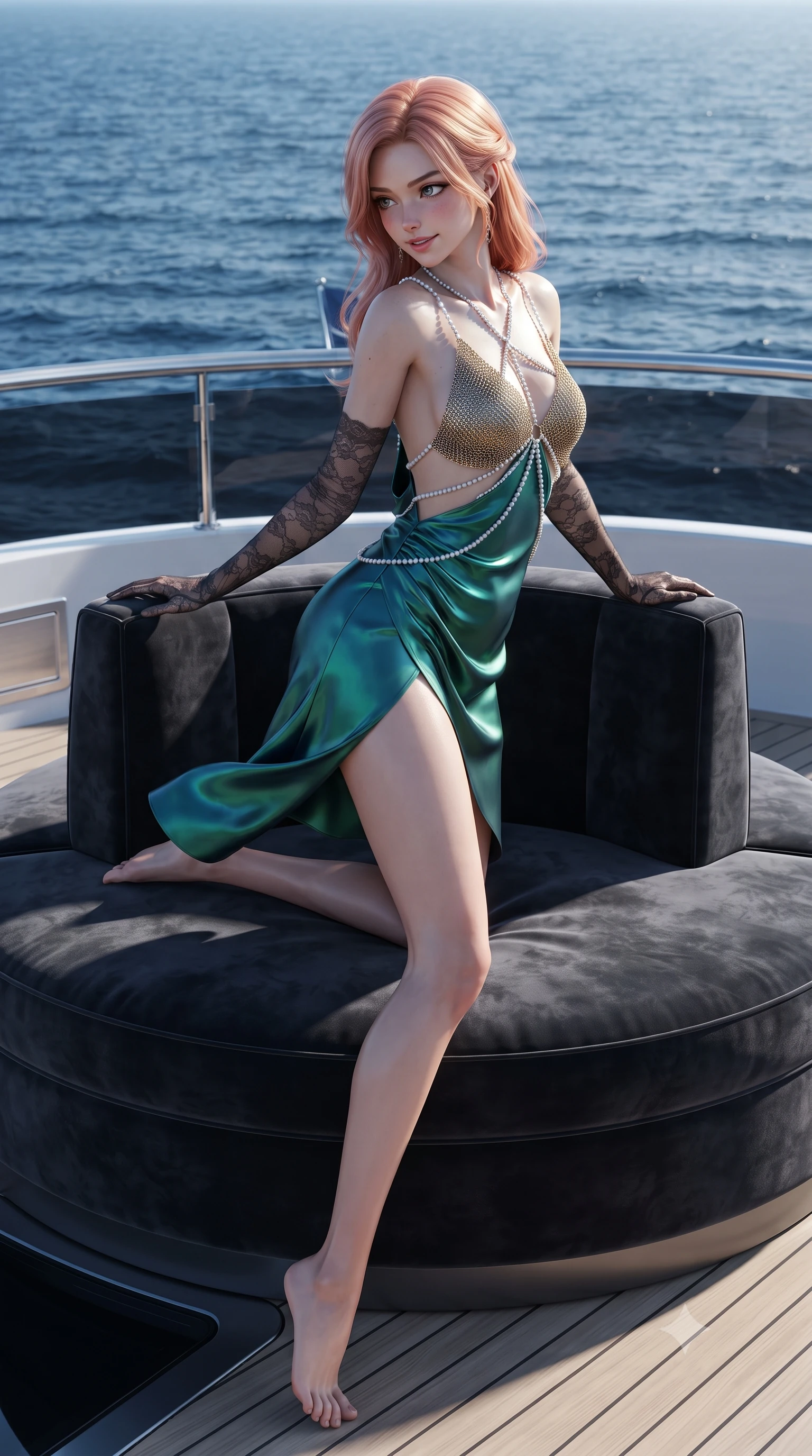 score_9, masterpiece, best quality, ultra-detailed, high-budget anime keyframe, editorial fashion photography, tasteful artistic composition, Japanese woman. low angle full-body shot from head to toe showing her feet, filling the entire 9:16 vertical frame with her statuesque presence, stretching her vertical silhouette. executing a slow, graceful pivot turn as her skirt sways around her slender legs, glancing back with an enchanting, teasing sensual expression while lounging on the deep circular velvet sofa propped on one elbow, her flat midriff and long slender legs framed by the mysterious blue ocean. The surrounding environment is rendered in vivid detail and crisp panoramic clarity: detailed gold chainmail halter top weave, diamond body harness shine, and naval superyacht engineering in razor-sharp precision. She has an absolutely perfect, statuesque 8.5-heads proportion, an exceptionally tall and slender model-like female figure with impossibly long slender legs, an ultra-slim waist, a flat toned midriff, narrow delicate ribcage, and beautifully sculpted feminine hips creating a graceful, slim hourglass silhouette without any bulky heaviness. sharp v-shaped jawline, high-bridge nose, sparkling eyes with hypnotic seductive depth, thick curled eyelashes, glossy parted lips with a natural dewy peach sheen, alluring bedroom-eyes with an enchanting coquettish smile, exuding magnetic siren charisma and sophisticated glamour, flawlessly proportioned anatomical accuracy, strict slender model proportions, natural body alignment, perfectly sculpted long slender limbs, ultra-slim waistline, clean dynamic posture without body distortion. wearing a low-cut draped cowl-back satin slip mini dress with dainty pearl spaghetti straps in iridescent emerald satin and dark charcoal velvet, woven from buttery-soft stretch lambskin leather adhering to her body like a second skin, complemented by sheer opera-length lace evening gloves tracing her slender arms, the high-slit wrap tailoring accentuating her ultra-slim waistline and the enchanting curve of her feminine hips with alluring seductive charm. illuminated by aquatic caustic reflections and sharp electric-cyan rim lights sculpting her razor-sharp jawline, narrow waist, and curvy hips. ultra-reflective glossy finish, specular highlights, rich textural contrasts, high-contrast stereoscopic depth, volumetric dynamic lighting, 2k, ultra detail, master piece, 9:16 ratio