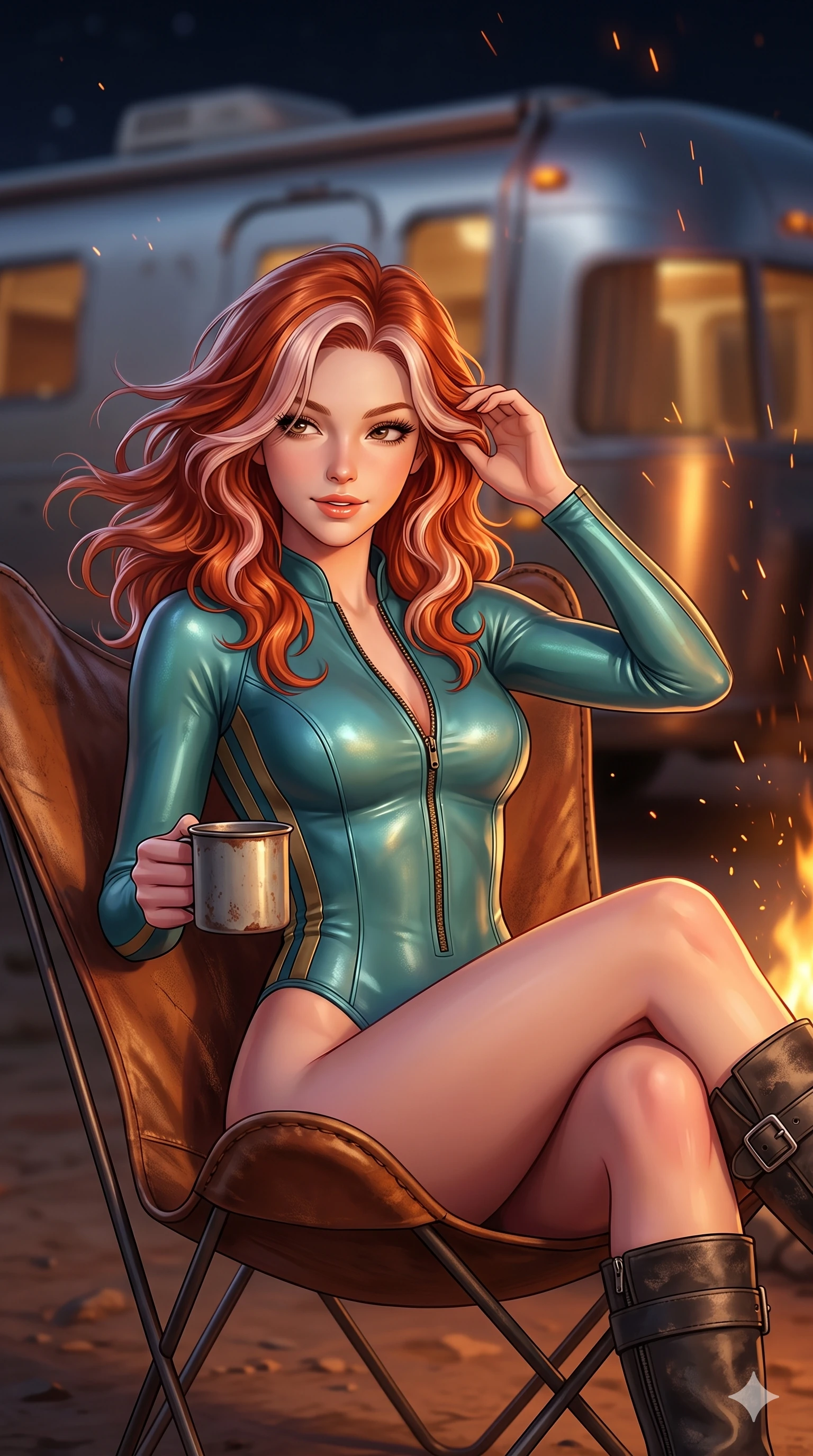 score_9, masterpiece, best quality, ultra-detailed, high-budget anime keyframe, semi-realistic 3D game render, editorial fashion photography, tasteful artistic composition, Caucasian woman. close-up cowboy shot from the waist and thighs up, the character dominates the composition, filling the frame with her large presence. gently brushing a lock of windblown hair behind her ear while casting a playful, flirtatious side-gaze with long eyelashes while lounging in a vintage butterfly leather chair by the fire, holding a tin mug with effortless coquettish charm and bedroom-eyes as sparks float upward. The background shows a soft-focus curved aluminum trailer reflections softened in magical desert night shallow focus. She has an exceptionally elegant, slender, and willowy female figure with an ultra-slim waist, flat toned midriff, narrow ribcage, and sculpted feminine hips creating an alluring, slim hourglass silhouette without bulk. sharp v-shaped jawline, high-bridge nose, sparkling eyes with hypnotic seductive depth, thick curled eyelashes, glossy parted lips with a natural dewy peach sheen, alluring bedroom-eyes with an enchanting coquettish smile, exuding magnetic siren charisma and sophisticated glamour, flawlessly proportioned anatomical accuracy, strict slender model proportions, natural body alignment, perfectly sculpted long slender limbs, ultra-slim waistline, clean dynamic posture without body distortion. wearing a form-contouring wet-look neoprene zip-front surfing bodysuit with high-cut leg openings and racing side stripes in turquoise patina and burnished vintage brass, tailored from second-skin technical compression neoprene with athletic curve-sculpting stretch, complemented by rugged distressed leather motorcycle boots with silver buckle hardware, the liquid-tight tailored fabric clinging flawlessly to her narrow waist and rounded feminine hips, emphasizing every millimeter of her sculpted slim hourglass curves without any bulky heaviness. illuminated by aluminum trailer reflection bounce and sharp amber-gold rim lighting sculpting her jawline, flat midriff, and voluptuous hip curves. highly saturated vibrant anime colors, detailed shading with soft gradients, rich glossy textures, high-contrast stereoscopic depth, volumetric dynamic lighting, master piece, 9:16 ratio