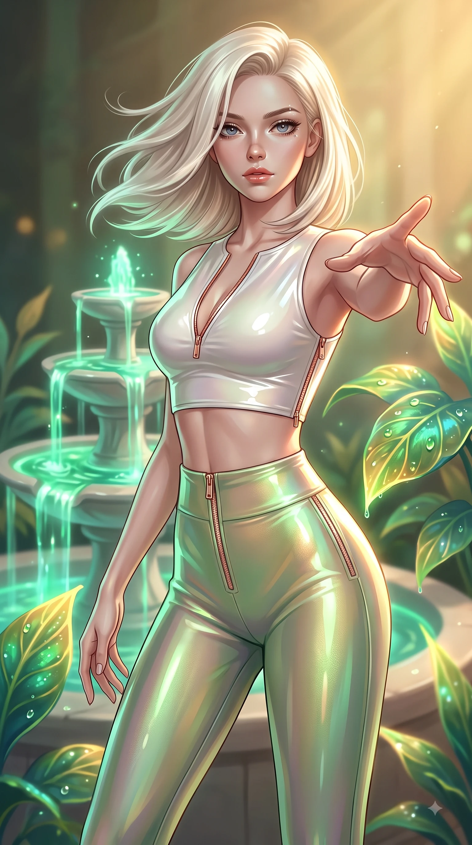 score_9, masterpiece, best quality, ultra-detailed, high-budget anime keyframe, editorial fashion photography, tasteful artistic composition, Caucasian woman. close-up cowboy shot from the waist and thighs up, the character dominates the composition, filling the frame with her large presence, background elements kept in soft focus. Reaching one arm gracefully toward the camera with magnetic poise, displaying her statuesque silhouette while pivoting dynamically beside a hydro-flow spiral fountain flowing with bioluminescent emerald sap, dewdrops on bioluminescent leaves reflecting vibrant emerald and gold highlights. She has an exceptionally elegant, slender, and willowy female figure with an ultra-slim waist, a gracefully sculpted slender torso, and a refined silhouette. sharp v-shaped jawline, high-bridge nose, intricate jewel-like eyes with depth, thick eyelashes, glossy lips with a natural sheen, flawlessly proportioned anatomical accuracy, natural body alignment, perfectly sculpted elegant limbs, clean dynamic posture without body distortion. wearing a glossy vinyl crop top and high-waist tailored leggings with sleek zippers in pearl white and rose gold, crafted from iridescent chiffon that shifts colors in the light, accented with a Tasteful chest slit framing her clavicle gracefully, the form-contouring material highlighting her ultra-slim waist and long lines. bathed in warm golden sunlight and soft emerald bioluminescent glow. ultra-reflective glossy finish, specular highlights, metallic sheen, high-contrast stereoscopic depth, volumetric dynamic lighting, 2k, ultra detail, master piece, 9:16 ratio