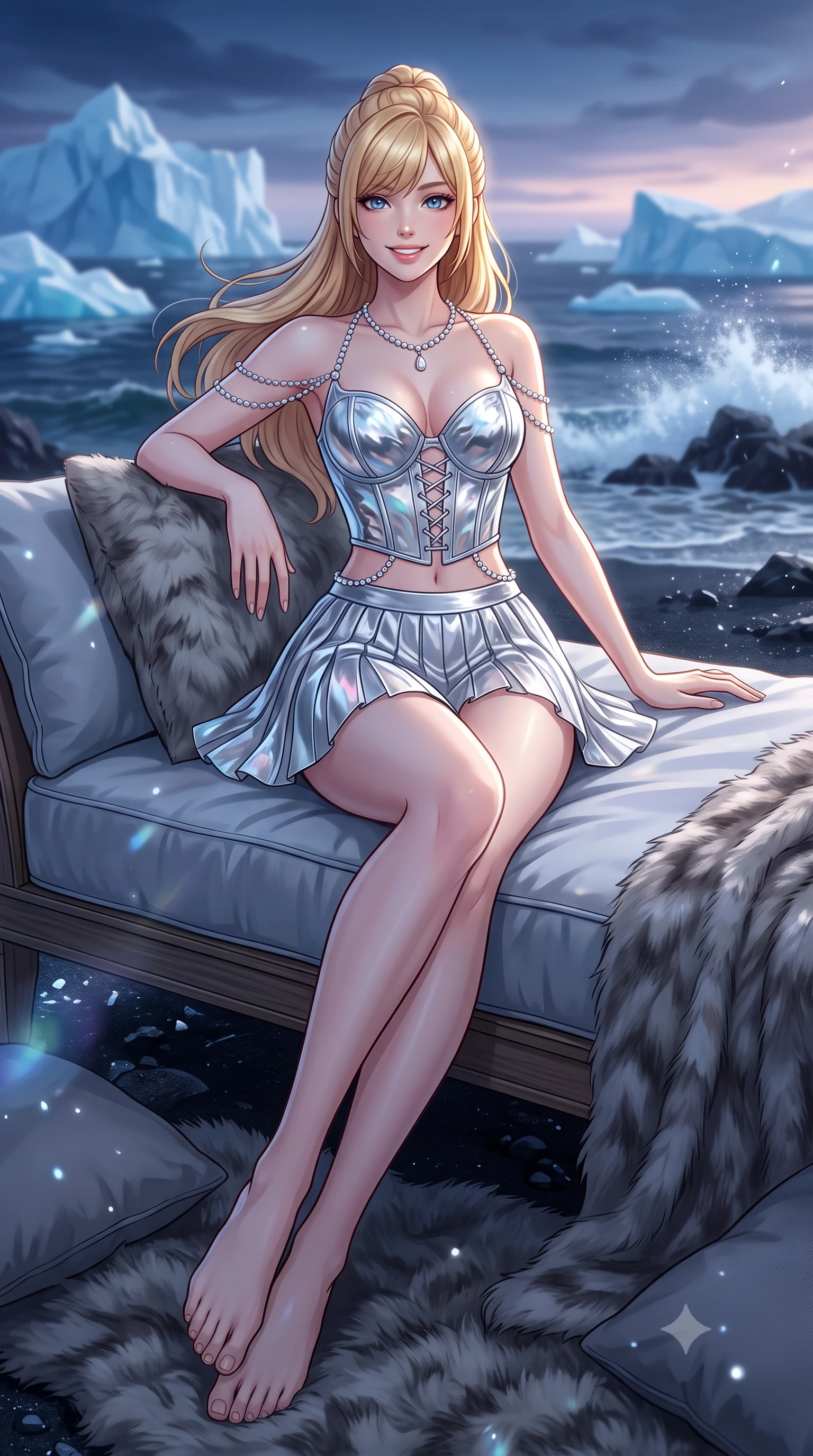 score_9, masterpiece, best quality, ultra-detailed, high-budget anime keyframe, editorial fashion photography, tasteful artistic composition, Caucasian woman. low angle full-body shot from head to toe showing her feet, filling the entire 9:16 vertical frame with her statuesque presence, stretching her vertical silhouette. lounging on the lavish daybed with legs crossed and hips angled toward the camera, displaying her toned midriff and long slender limbs with effortless siren poise while twisting her slender torso in an alluring contrapposto stance on the obsidian shore, blue glacial light and twilight skies tracing her narrow waist and hips. The background shows a soft-focus fine glacial ocean spray softened in surreal Nordic iceberg sanctuary shallow focus. She has an exceptionally tall and slender model-like 8.5-heads proportion, an ultra-slim waist, a flat toned midriff, narrow delicate ribcage, and beautifully sculpted feminine hips creating a graceful, slim hourglass silhouette without any bulky heaviness, with impossibly long slender legs. sharp v-shaped jawline, high-bridge nose, intricate jewel-like sparkling eyes with depth, thick eyelashes, glossy parted lips with a natural peach sheen, bright cheerful beaming smile with an enchanting and coquettish sensual glint, exuding both youthful cute charm and seductive allure, flawlessly proportioned anatomical accuracy, strict slender model proportions, natural body alignment, perfectly sculpted long slender limbs, ultra-slim waistline, clean dynamic posture without body distortion. wearing a structured Seville boned lace-up bustier top paired with an ultra-short low-rise pleated micro mini skirt in liquid molten silver and iridescent mother-of-pearl, made of fluid liquid jersey with seamless sculpting hold and smooth contours, accented with a pearl-drop body harness subtly framing her dewy collarbones and spine, the high-slit wrap tailoring accentuating her ultra-slim waistline and the enchanting curve of her feminine hips with alluring seductive charm. illuminated by ice crystal specular refraction and sharp diamond-silver rim lights defining her dewy collarbones, ultra-slim waist, and curvy hips. ultra-reflective glossy finish, specular highlights, rich textural contrasts, high-contrast stereoscopic depth, volumetric dynamic lighting, 2k, ultra detail, master piece, 9:16 ratio