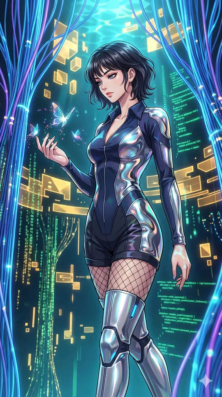 score_9, masterpiece, best quality, ultra-detailed, High-budget Anime Keyframe, vibrant colors, fluid line-art, expressive lighting, cinematic composition, Ufotable-style visual effects, top-tier animation quality, Korean woman with idol-like refined features. Cinematic low angle perspective showcasing her towering height and perfect 8-heads proportion. Walking through a futuristic digital forest where the trees are made of fiber-optics and glowing data streams, interacting with bioluminescent wildlife. She has an absolutely perfect 8-heads proportion, an exceptionally tall and slender female figure with impossibly long slender legs and an ultra-slim waist, her statuesque height and towering silhouette dominating the vertical 9:16 frame. Her face is a masterpiece featuring a sharp v-shaped jawline, high-bridge nose, intricate jewel-like eyes with depth, thick eyelashes, and glossy lips with a natural sheen. She is wearing a Sci-fi pilot flight suit with an open collar and strategically placed mesh panels crafted from Molten liquid mercury that flows and reflects the environment with metallic perfection, accompanied by sensual fishnet stockings and thigh-high metallic boots. The scene is set in an abstract digital void with floating golden geometric shapes and rivers of flowing code, illuminated by underwater caustic lighting with ripples of light dancing across her body. 2k, ultra detail, master piece, 9:16 ratio