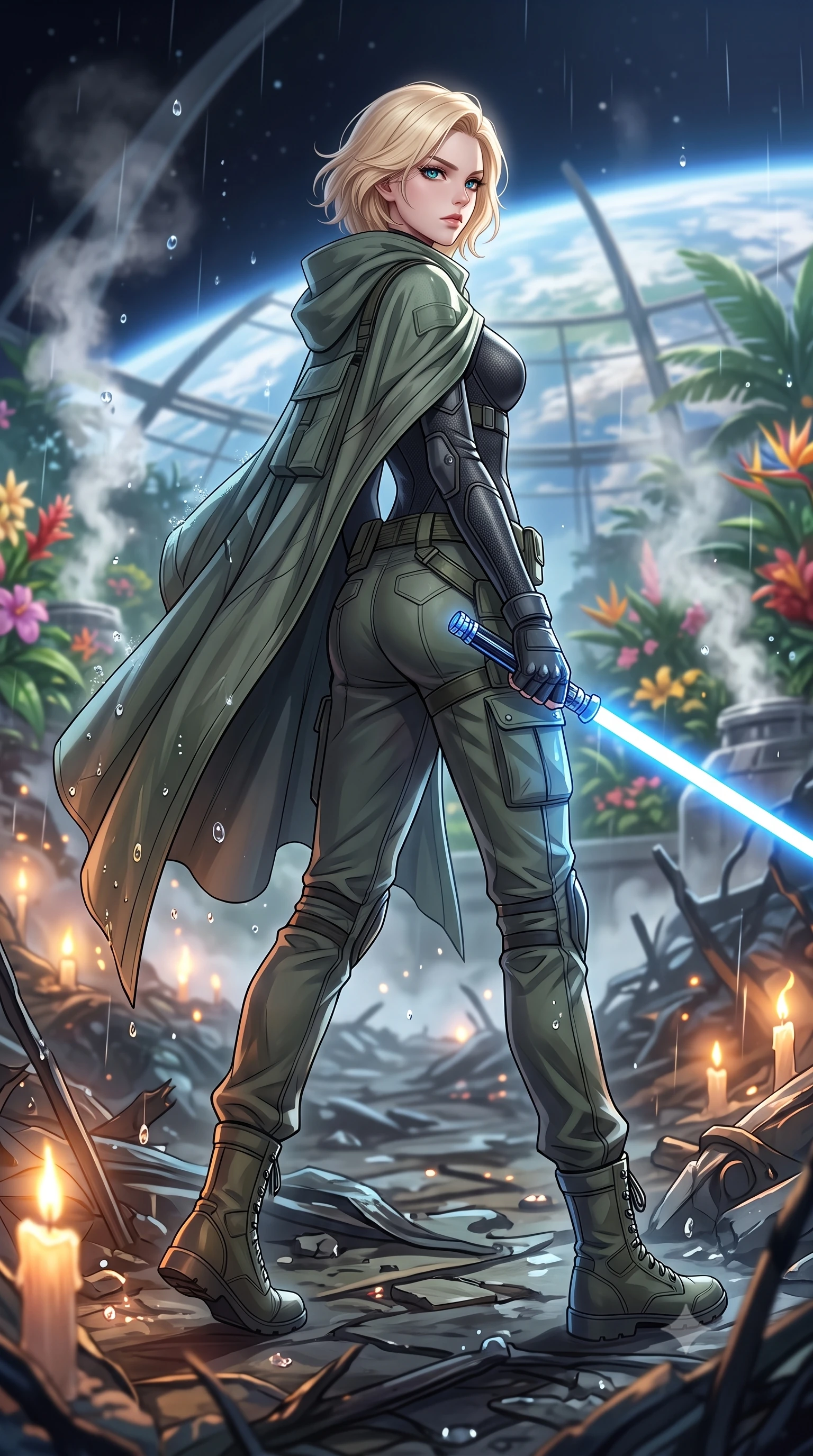 score_9, masterpiece, best quality, ultra-detailed, high-budget anime keyframe, editorial fashion photography, tasteful artistic composition, Caucasian woman. low angle full-body shot from head to toe showing her feet, filling the entire 9:16 vertical frame with her statuesque presence, stretching her vertical silhouette. stepping gracefully through battlefield debris with a glowing saber hilt in hand, looking back over her shoulder, the background shows a soft-focus a glass dome botanical garden in orbit, filled with tropical flowers and steam. She has an absolutely perfect, statuesque 8.5-heads proportion, an exceptionally tall and slender model-like female figure with impossibly long slender legs and an ultra-slim waist. sharp v-shaped jawline, high-bridge nose, intricate jewel-like eyes with depth, thick eyelashes, glossy lips with a natural sheen. wearing a body-hugging tactical combat cloak in muted green cotton, draped over a high-collar carbon-weave under-armor suit and cargo pants. soft flickering candle glow refracting through the moving water droplets. highly saturated vibrant anime colors, detailed shading with soft gradients, rich glossy textures, high-contrast stereoscopic depth, volumetric dynamic lighting, master piece, 9:16 ratio