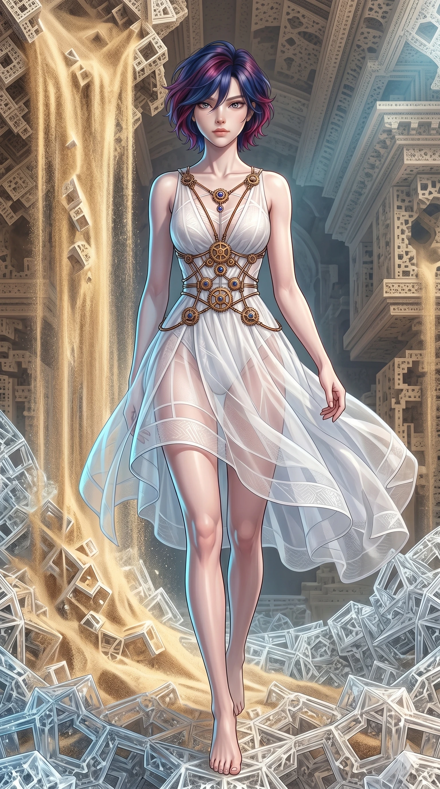 score_9, masterpiece, best quality, ultra-detailed, high-budget anime keyframe, Korean woman. upper body close-up from the thighs up, character filling the screen for maximum presence. descending through a fractal quicksand temple where golden sand waterfalls transform into glass crystals, revealing intricate repeating patterns. She has an absolutely perfect 8-heads proportion, an exceptionally tall and slender female figure with impossibly long slender legs and an ultra-slim waist. V-shaped jawline, high-bridge nose, intricate jewel-like eyes with depth, thick eyelashes, glossy lips with a natural sheen.. wearing a chrono-gear wire harness couture, featuring micro-bronze gear wire harness cinching her waist, over a sheer white organza dress. lit by a soft glowing ambient light and a sharp side key light that traces the sleek contours of her athletic build. 2k, ultra detail, master piece, 9:16 ratio