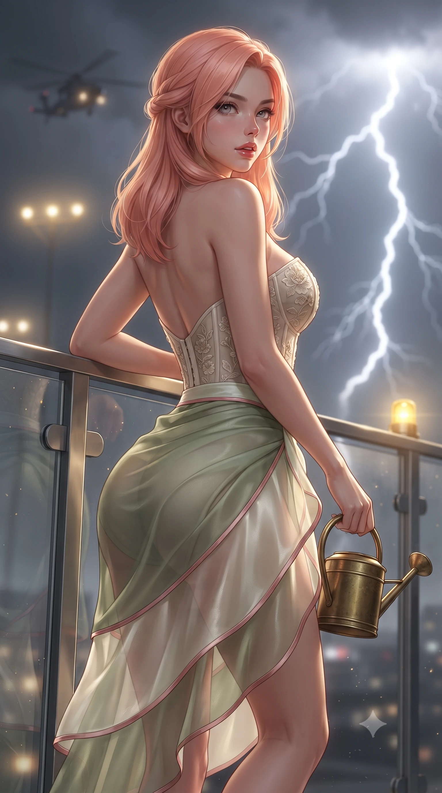 score_9, masterpiece, best quality, ultra-detailed, high-budget anime keyframe, editorial fashion photography, tasteful artistic composition, Japanese woman. close-up cowboy shot from the waist and thighs up, the character dominates the composition, filling the frame with her large presence. posing in an alluring rear three-quarter angle, looking over a bare shoulder with parted glossy lips, her hips cocked back to highlight her slim hourglass curve while leaning against the perimeter wind barrier with hips cocked back, looking back into the camera with an intoxicating bedroom-gaze. The background shows a soft-focus helicopter approach lights softened in dramatic atmospheric shallow focus. She has an exceptionally elegant, slender, and willowy female figure with an ultra-slim waist, flat toned midriff, narrow ribcage, and sculpted feminine hips creating an alluring, slim hourglass silhouette without bulk. sharp v-shaped jawline, high-bridge nose, sparkling eyes with hypnotic seductive depth, thick curled eyelashes, glossy parted lips with a natural dewy peach sheen, alluring bedroom-eyes with an enchanting coquettish smile, exuding magnetic siren charisma and sophisticated glamour, flawlessly proportioned anatomical accuracy, strict slender model proportions, natural body alignment, perfectly sculpted long slender limbs, ultra-slim waistline, clean dynamic posture without body distortion. wearing a plunging sweetheart-neckline boned corset top with pressed flower embroidery paired with a sheer organza wrap skirt in botanical sage green and pure pearlescent ivory with rose trims, crafted from fluid liquid silk satin that clings smoothly to every curve with a dewy sheen, finished with an antique brass watering can held casually at her side, the precision-cut side openings and low-back scoop framing her graceful spine and the sensual sweep of her slim, toned hips. bathed in golden helipad perimeter beacon lights combined with sudden lightning flash strobes. ultra-reflective glossy finish, specular highlights, rich textural contrasts, high-contrast stereoscopic depth, volumetric dynamic lighting, 2k, ultra detail, master piece, 9:16 ratio