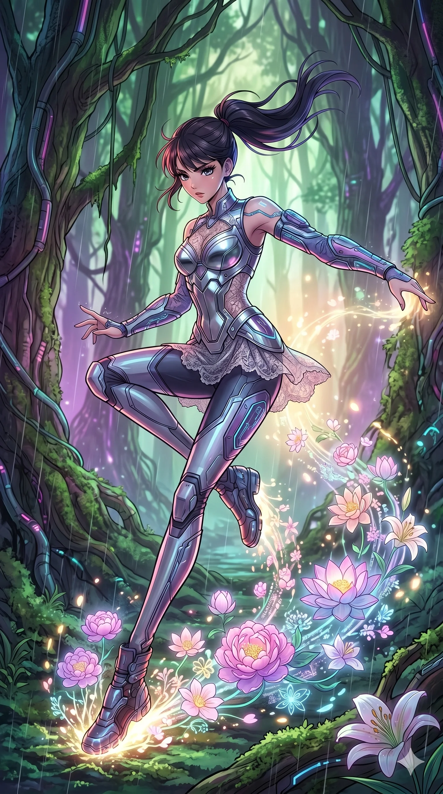 score_9, masterpiece, best quality, ultra-detailed, high-budget anime movie keyframe, cinematic anime lighting, intricate line art, Japanese woman. Dynamic full-body shot stretching the vertical silhouette with extreme perspective. casting a spell that turns her footsteps into blooming flowers. She has an elegant and graceful female figure with elegant silhouette. sharp v-shaped jawline, high-bridge nose, intricate jewel-like eyes, thick eyelashes, soft lips. Wearing Cyber-Tech Legacy: Asymmetrical tech-outfit with detached sleeves and chrome-plated bodice over intricate lace. The scene is illuminated by dramatic atmospheric lighting and vibrant color palettes. , 2k, ultra detail, master piece, 9:16 ratio
