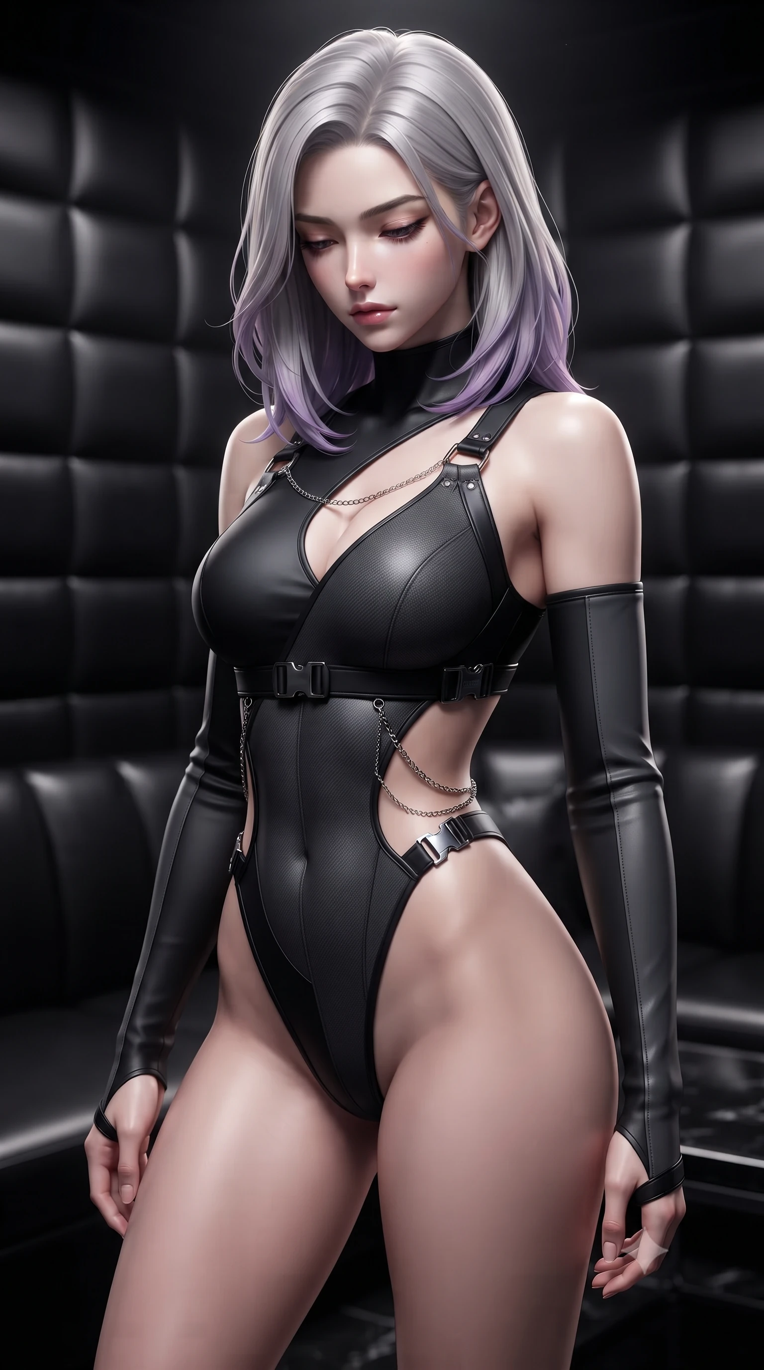 score_9, masterpiece, best quality, ultra-detailed, high-budget anime keyframe, editorial fashion photography, tasteful artistic composition, Caucasian woman. close-up cowboy shot from the waist and thighs up, the character dominates the composition, filling the frame with her large presence, background elements kept in soft focus. Looking down with lowered lashes and a composed, powerful dark aura, standing in a private high-fashion lounge with dark padded leather walls, high-contrast black leather and chrome textures glinting under key rays. She has an exceptionally elegant, slender, and willowy female figure with an ultra-slim waist, a gracefully sculpted slender torso, and a refined silhouette. sharp v-shaped jawline, high-bridge nose, intricate jewel-like eyes with depth, thick eyelashes, glossy lips with a natural sheen. wearing asymmetric high-cut cyber-bodysuit with detached sleeves in onyx black in dark charcoal gray, made of matte carbon-fiber weave, framed by dark titanium buckles and silver chain details, accentuating her gracefully sculpted slender torso. lit by dramatic spotlighting highlighting her athletic contours. ultra-reflective glossy finish, specular highlights, metallic sheen, high-contrast stereoscopic depth, volumetric dynamic lighting, 2k, ultra detail, master piece, 9:16 ratio