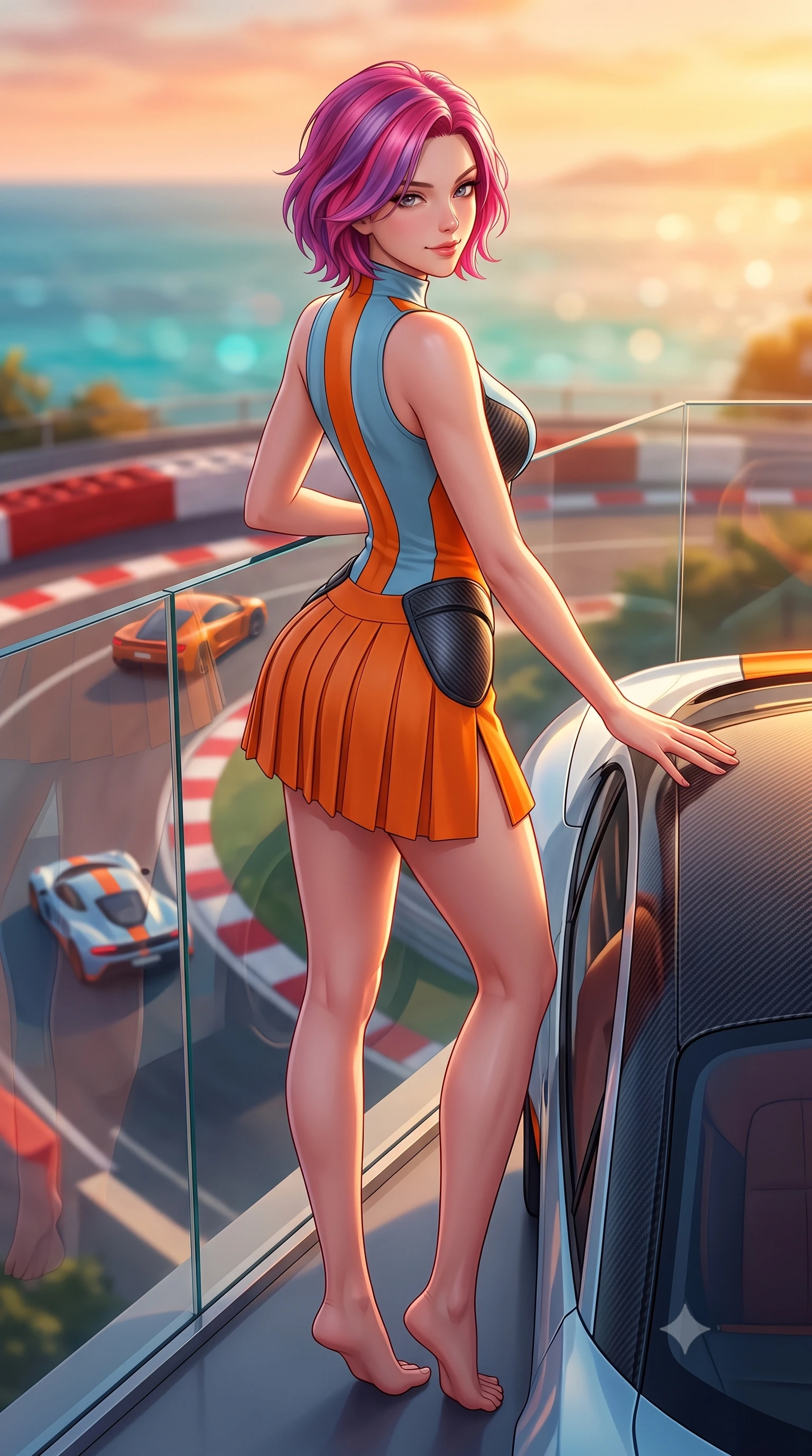 score_9, masterpiece, best quality, ultra-detailed, high-budget anime keyframe, semi-realistic 3D game render, editorial fashion photography, tasteful artistic composition, Caucasian woman. low angle full-body shot from head to toe showing her feet, filling the entire 9:16 vertical frame with her statuesque presence, stretching her vertical silhouette. standing in a tall, confident posture with one hand on the sports car roof, stretching her statuesque body as she arches her lower back to emphasize her sculpted feminine hips and slender waist while leaning against the glass balustrade with hips cocked back, looking over a bare shoulder toward roaring supercars navigating the turn below. The background shows a soft-focus the iconic red-and-white curbs of the tight Fairmont Hairpin and the Mediterranean sea beyond blurred into coral, turquoise, and gold bokeh. She has an absolutely perfect, statuesque 8.5-heads proportion, an exceptionally tall and slender model-like female figure with impossibly long slender legs, an ultra-slim waist, a flat toned midriff, narrow delicate ribcage, and beautifully sculpted feminine hips creating a graceful, slim hourglass silhouette without any bulky heaviness. sharp v-shaped jawline, high-bridge nose, sparkling eyes with athletic focus and depth, thick curled eyelashes, glossy parted lips with a natural coral-peach sheen, bright confident and coquettish smile with alluring bedroom-eyes, exuding both youthful sporty vigor and sovereign high-society glamour, flawlessly proportioned anatomical accuracy, strict slender model proportions, natural body alignment, perfectly sculpted long slender limbs, ultra-slim waistline, clean dynamic posture without body distortion. wearing a sleeveless high-collar racing bodysuit with carbon-fiber chestplate accents and a pleated wrap tennis skirt with side hip slit in vintage Porsche Gulf blue and vibrant race orange, tailored from ultra-soft fine cashmere yarn with an airy athletic drape, accented with sleek aerodynamic carbon-fiber hip pads framing her narrow waist, the liquid-tight tailored fabric clinging flawlessly to her narrow waist and rounded feminine hips, emphasizing every millimeter of her sculpted slim hourglass curves without any bulky heaviness. bathed in molten golden hour sunset light reflecting off the Mediterranean Sea and hotel glass. highly saturated vibrant anime colors, detailed shading with soft gradients, rich glossy textures, high-contrast stereoscopic depth, volumetric dynamic lighting, master piece, 9:16 ratio