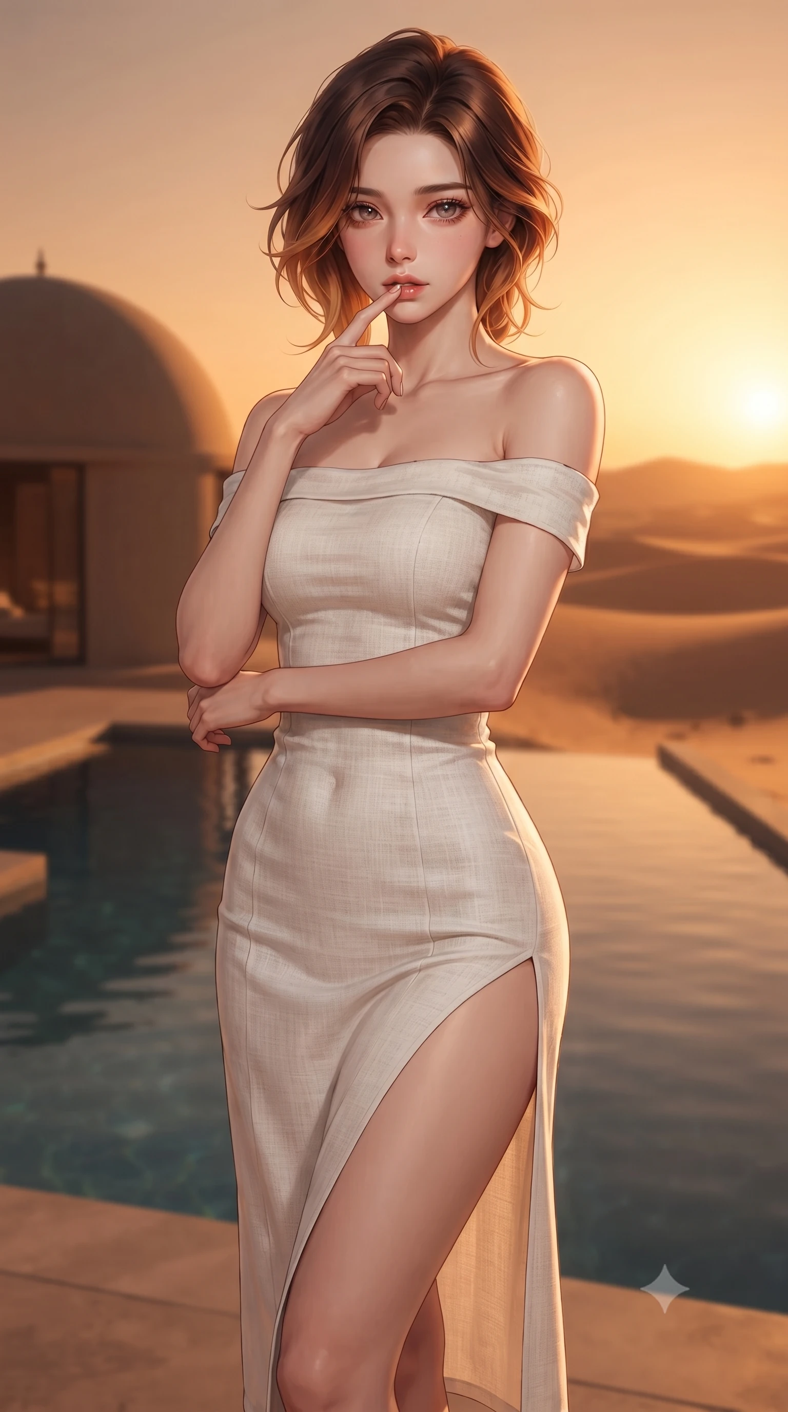 score_9, masterpiece, best quality, ultra-detailed, high-budget anime keyframe, editorial fashion photography, tasteful artistic composition, Korean woman. close-up cowboy shot from the waist and thighs up, the character dominates the composition, filling the frame with her large presence, background elements kept in soft focus. pressing one finger to her bottom lip in a thoughtful, seductive gesture under the warm sun the background shows a soft-focus an outdoor infinity pool of a luxury desert dome villa overlooking sand dunes. She has an exceptionally elegant, slender, and willowy female figure with an ultra-slim waist, a gracefully sculpted slender torso, and a refined silhouette. sharp v-shaped jawline, high-bridge nose, intricate jewel-like eyes with depth, thick eyelashes, glossy lips with a natural sheen. wearing a form-contouring off-shoulder white linen summer dress featuring a high side slit ascending to mid-thigh. the dramatic orange glow of a desert sunset casting long shadows of the dome. ultra-reflective glossy finish, specular highlights, metallic sheen, high-contrast stereoscopic depth, volumetric dynamic lighting, 2k, ultra detail, master piece, 9:16 ratio