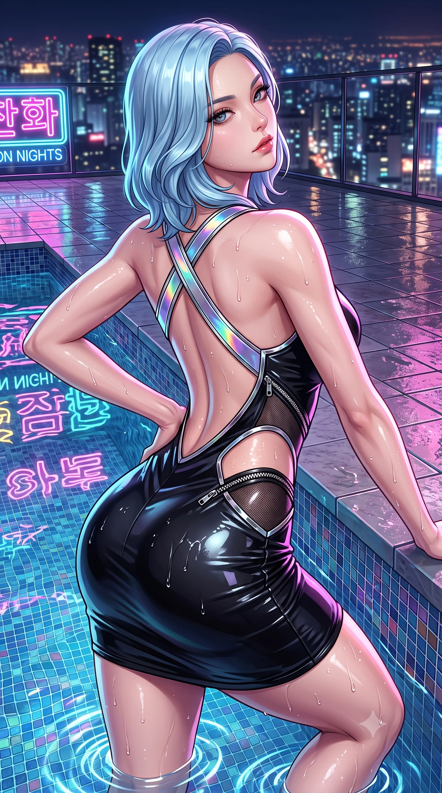 score_9, masterpiece, best quality, ultra-detailed, high-budget anime keyframe, semi-realistic 3D game render, editorial fashion photography, tasteful artistic composition, Korean woman. close-up cowboy shot from the waist and thighs up, the character dominates the composition, filling the frame with her large presence. tilting her chin up with proud, sovereign allure while gazing through thick eyelashes, one hand resting on her waist in pure supermodel charisma while pulling herself lightly out of the pool onto the tiled ledge, water droplets glistening on her sculpted glutes and toned midriff. The surrounding environment is rendered in vivid detail and crisp panoramic clarity. detailed neon sign typography, wet fabric sheen, and night skyline reflections in high clarity. She has an exceptionally elegant, slender, and willowy female figure with an ultra-slim waist, a gracefully sculpted slender torso, toned flat midriff, and rounded feminine hips creating an alluring hourglass silhouette. sharp v-shaped jawline, high-bridge nose, intricate jewel-like eyes with depth, thick eyelashes, glossy parted lips with a natural sheen, intensely captivating and seductive bedroom-eyes expression, flawlessly proportioned anatomical accuracy, strict slender model proportions, natural body alignment, perfectly sculpted long slender limbs, ultra-slim waistline, clean dynamic posture without body distortion. wearing a daring open-back neon party dress with crossed holographic straps and bodycon fit in pitch-black vinyl and specular chrome trim, crafted from high-gloss metallic ripstop nylon and flexible carbon mesh, accented with diagonal metal zippers running across the side-waist cutouts, the glove-like aerodynamic silhouette tightly following the natural contour of her hips and long slender legs with statuesque precision. illuminated by wet specular bounce lights accentuating her feminine waist-to-hip hourglass contour. highly saturated vibrant anime colors, detailed shading with soft gradients, rich glossy textures, high-contrast stereoscopic depth, volumetric dynamic lighting, master piece, 9:16 ratio