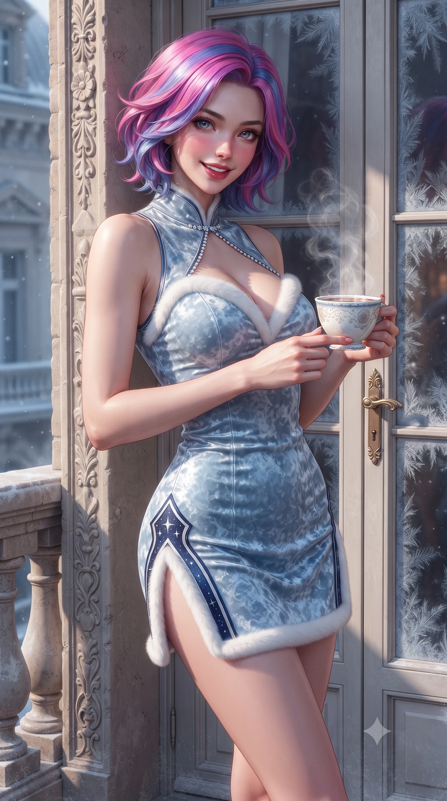 score_9, masterpiece, best quality, ultra-detailed, high-budget anime keyframe, editorial fashion photography, tasteful artistic composition, Caucasian woman. close-up cowboy shot from the waist and thighs up, the character dominates the composition, filling the frame with her large presence. tilting her head with a cute beaming smile while arching her spine with effortless dancer poise, one hand sliding along her hip line in a flirtatious S-curve while leaning against the grand French balcony doorframe with hips cocked back, holding a porcelain cup of hot cocoa while casting a smoldering, playful gaze. The surrounding environment is rendered in vivid detail and crisp panoramic clarity. sharp carved stone balustrade textures, delicate frost patterns on window glass, and hot cocoa steam tendrils in deep focus. She has an exceptionally elegant, slender, and willowy female figure with an ultra-slim waist, flat toned midriff, narrow ribcage, and sculpted feminine hips creating an alluring, slim hourglass silhouette without bulk. sharp v-shaped jawline, high-bridge nose, sparkling ice-crystal eyes with depth, frosty thick lashes, glossy parted lips with a rosy berry sheen, bright playful smile with an intoxicating seductive glint, rosy flushed cheeks radiating cozy warmth and dangerous allure, flawlessly proportioned anatomical accuracy, strict slender model proportions, natural body alignment, perfectly sculpted long slender limbs, ultra-slim waistline, clean dynamic posture without body distortion. wearing a modern cute winter qipao mini dress in frost-blue silk with white fur trim and side hip slits in midnight navy and starlight silver, crafted from sumptuous crushed winter velvet with deep light-absorbing plushness, finished with subtle crystal rhinestones lining the plunging neckline, the glove-like silhouette tightly following the natural contour of her hips and long slender legs with youthful 8.5-heads elegance. illuminated by warm balcony lantern fill and sharp crystalline silver rim lighting sculpting her sculpted collarbones, ultra-slim waist, and curvy hips. ultra-reflective glossy finish, specular highlights, rich textural contrasts, high-contrast stereoscopic depth, volumetric dynamic lighting, 2k, ultra detail, master piece, 9:16 ratio