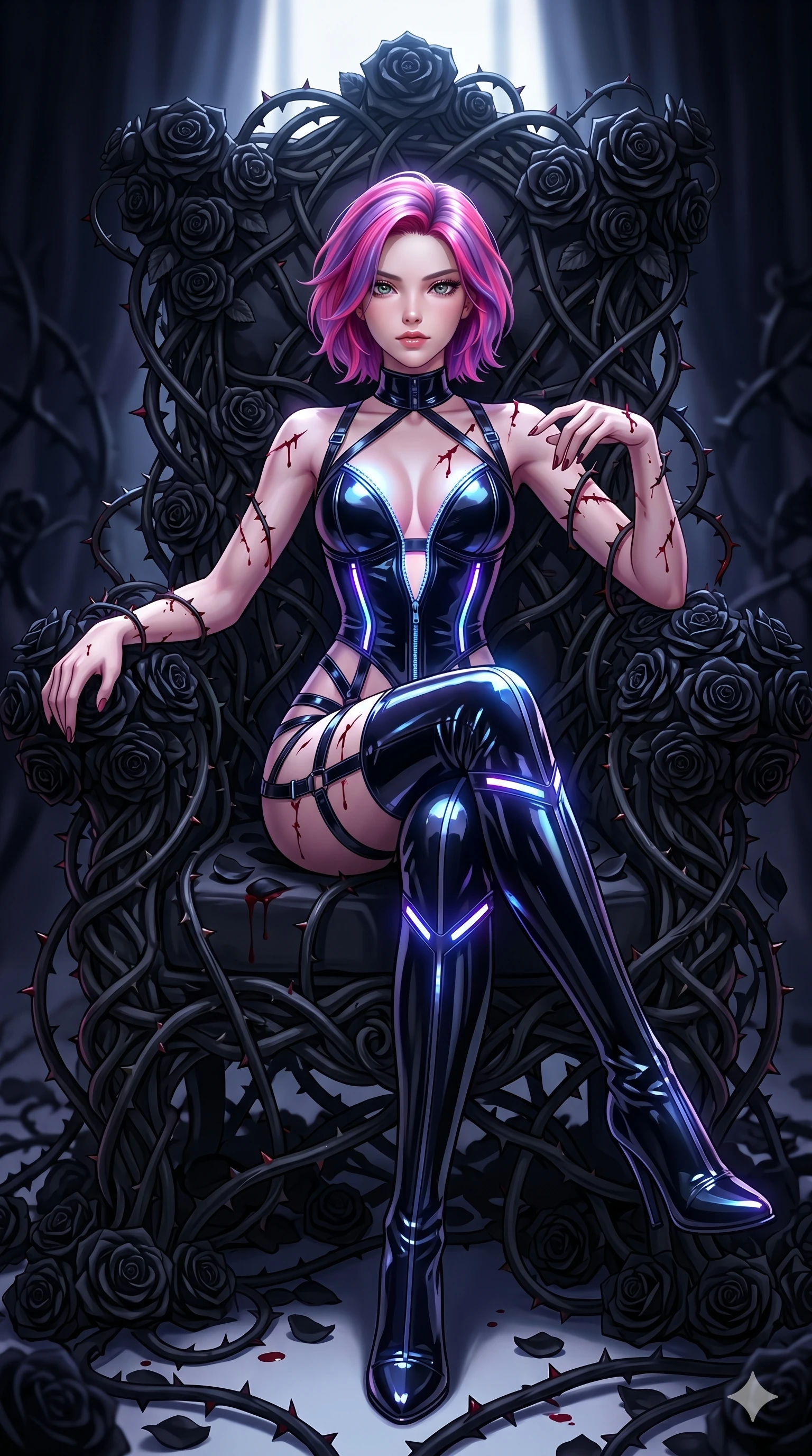 score_9, masterpiece, best quality, ultra-detailed, High-budget Anime Keyframe, East Asian woman. Dynamic full-body shot stretching the vertical silhouette to the limit. Scenario 30: Resting on a throne of black roses, thorns grazing her skin. Her presence is magnetic and overpowering in this high-budget anime scene. Outfit 30: A patent leather garter with a unzipped detail and glowing LED seams. The clothing is designed to emphasize her exceptionally tall and slender 8-heads proportion. 8-heads proportion, towering silhouette, ultra-slim waist. sharp v-shaped jawline, intricate jewel-like eyes with depth, thick eyelashes, glossy lips. 2k, ultra detail, master piece, 9:16 ratio